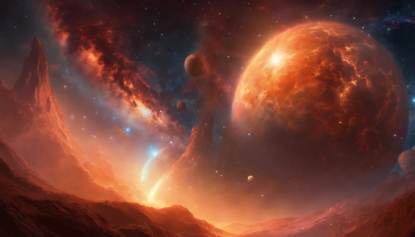 cosmic titan emerging from nebulae in outer space and rising above the horizon,(best quality,4k,8k,highres,masterpiece:1.2),ultra-detailed,(realistic,photorealistic,photo-realistic:1.37),dreamlike nebulae,A majestic cosmic titan with immense power emerges from colorful and swirling nebulae in the depths of outer space. Its massive form shines with vibrant colors and is surrounded by wisps of stardust. The titan rises above the horizon, casting a soft glow as it ascends into the celestial expanse. Rays of light pierce through the cosmic atmosphere, illuminating the titan's intricate and detailed features. Its eyes, deep and mysterious, convey ancient wisdom as they gaze upon the infinite cosmos. The titan's muscular and awe-inspiring physique exudes strength and dominance, reflecting its cosmic origins. As it extends its colossal arms, celestial energy crackles and dances around its fingertips, radiating power and energy. The surrounding nebulae continue to swirl, creating a mesmerizing display of cosmic beauty. The overall scene is bathed in a surreal and ethereal atmosphere, enhancing the dreamlike quality of the cosmic titan's emergence. The colors shift and blend harmoniously, creating a captivating palette of cosmic hues. The lighting accentuates the titan's form, highlighting every intricate detail and creating a sense of depth and dimension. The interplay between light and shadow further enhances the realism and depth of the composition. This artwork is a masterpiece of cosmic art, capturing the grandeur and majesty of the cosmic titan as it emerges from the nebulae and ascends to new celestial heights.