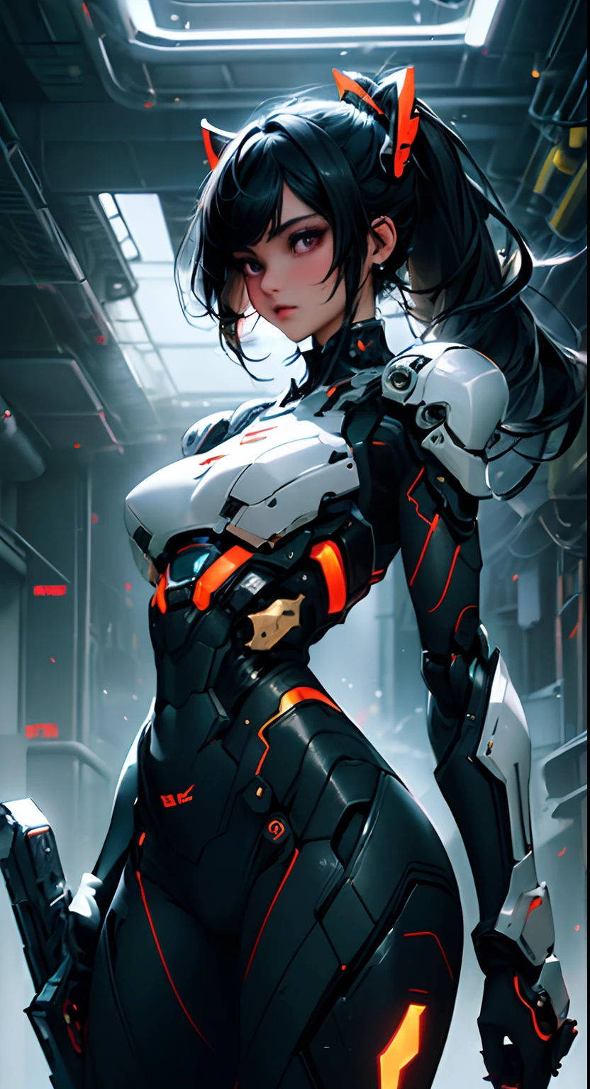 cgmech, beautiful eyes, upper body, underboob, portrait, robot,white orange armor, shimmering black hair, neon light, 8K, RAW, best quality, masterpiece, ultra high res, colorful, (medium wide shot), (dynamic perspective), sharp focus , (depth of field, bokeh:1.3), extremely detailed eyes and face, beautiful detailed eyes,large breasts,(black gold, trimmed gear:1.2),(In a futuristic weapons factory:1.2), ((masterpiece, best quality)), Detailed background, spaceship interior