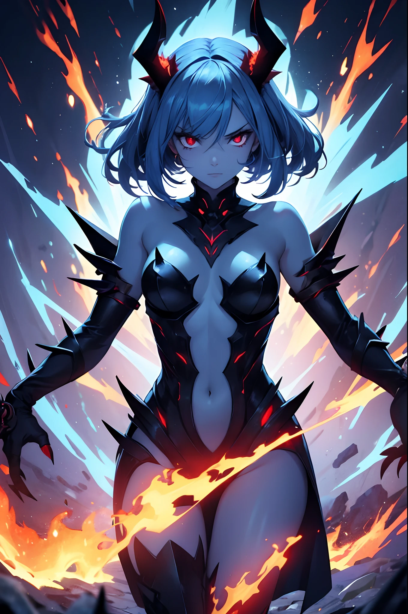 female, demon, surrounded by flame, blue flame, spikes, inhuman, claws, red eyes, up to legs, blue skin