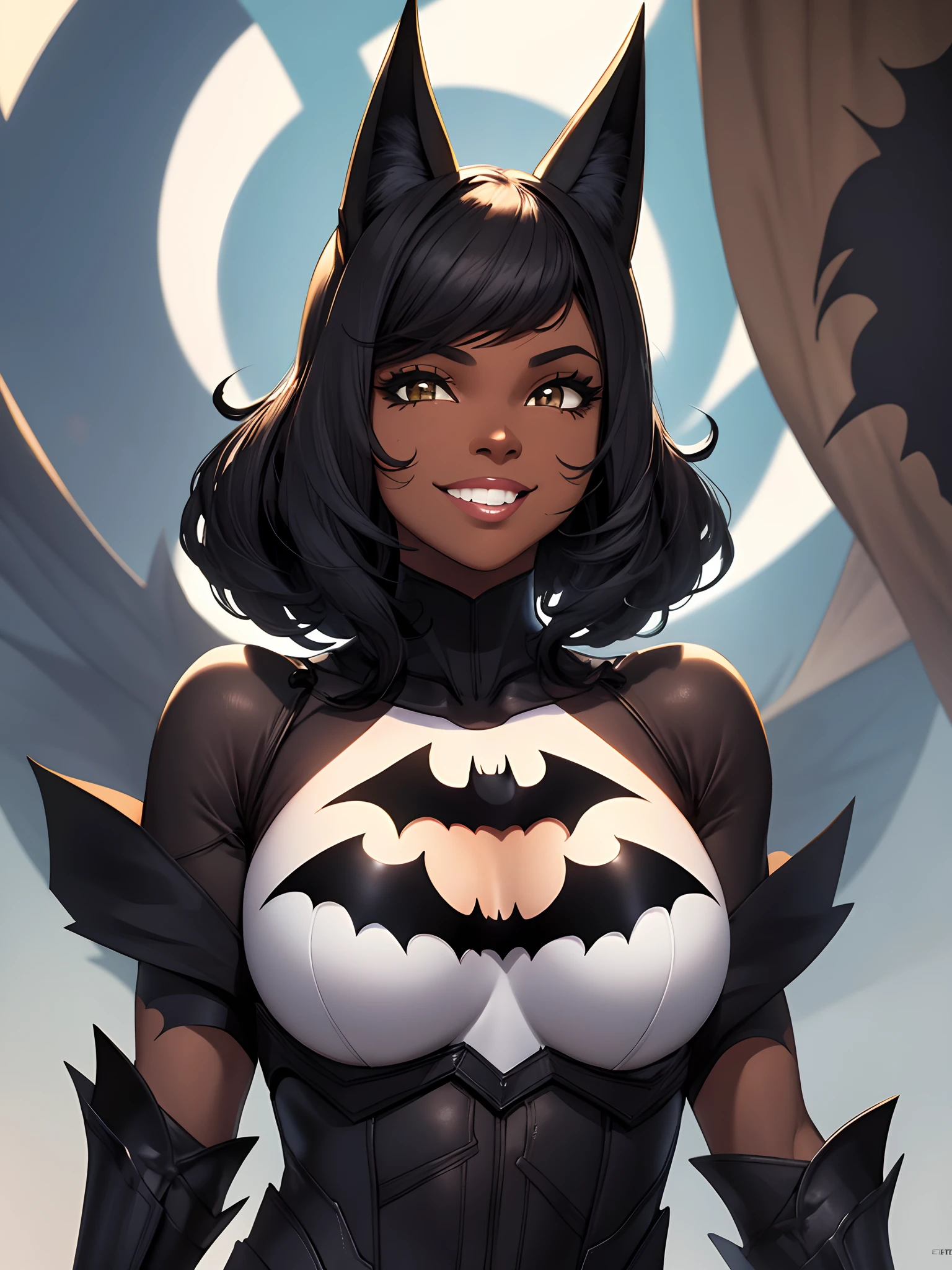 garota negra com cabelos cacheados sorrindo, com roupa da mulher gato do batman, e background cinza