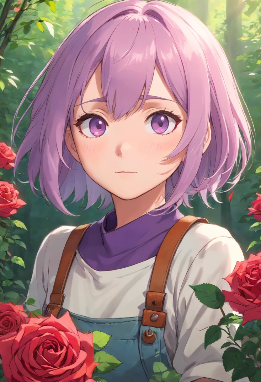 anime girl with a unique and memorable appearance. She has short, spiky lavender hair that gives her a somewhat rebellious look. Her eyes are a captivating shade of amethyst, often sparkling with curiosity. Mei's style is a mix of alternative and gothic fashion, with plenty of leather, dark colors, and punk accessories. She has a small tattoo of a rose on her right forearm.