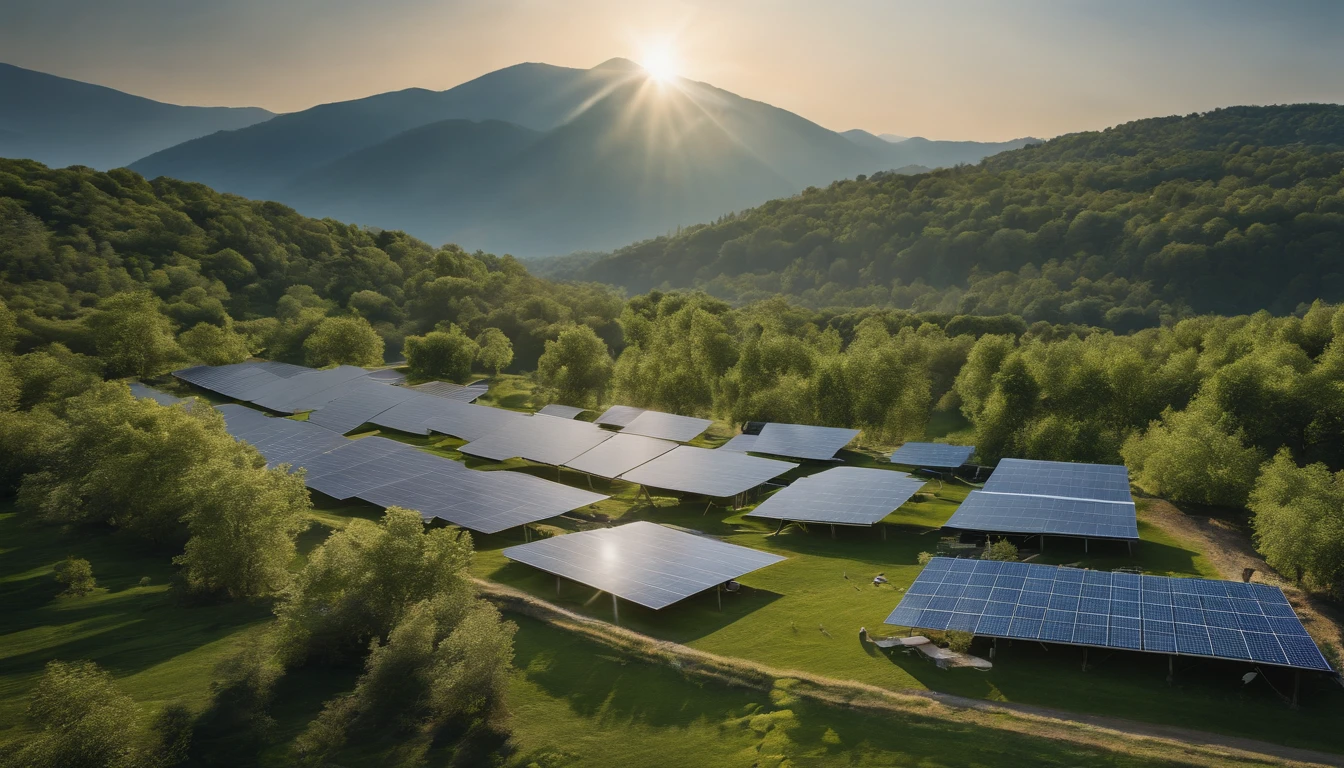 (best quality,4k,8k,highres,masterpiece:1.2),ultra-detailed,(realistic,photorealistic,photo-realistic:1.37),green energy concept,outdoor solar panels,industrial roof,blue tone solar cells,sustainable technology,efficient energy,environmental-friendly(eco-friendly:0.9),modern architecture,harmony between nature and technology,natural sunlight,clear sky,refreshing atmosphere,green landscape,lush trees and plants,optimistic mood,positive vibes,innovation and progress,advanced engineering,innovative clean energy solutions,reducing carbon footprint,promoting renewable energy sources,clean and green future,protection of the environment,energy transformation,global sustainability efforts,futuristic vision,technological advancements,eco-conscious mindset,awareness of climate change,conscious energy consumption,inspiring people to go green,awareness of environmental impact,contributing to a cleaner planet,inspiring a sustainable lifestyle,transcending boundaries between nature and technology