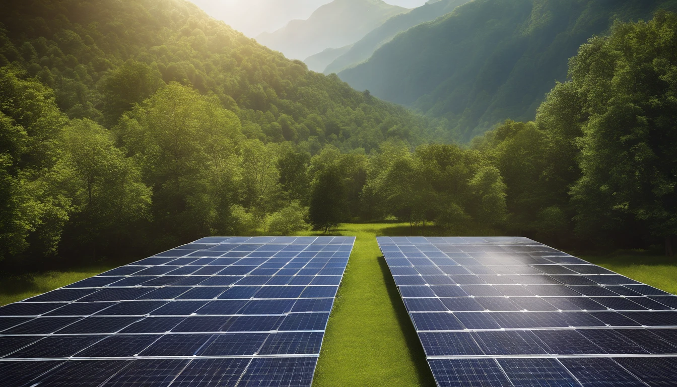 (best quality,4k,8k,highres,masterpiece:1.2),ultra-detailed,(realistic,photorealistic,photo-realistic:1.37),green energy concept,outdoor solar panels,industrial roof,blue tone solar cells,sustainable technology,efficient energy,environmental-friendly(eco-friendly:0.9),modern architecture,harmony between nature and technology,natural sunlight,clear sky,refreshing atmosphere,green landscape,lush trees and plants,optimistic mood,positive vibes,innovation and progress,advanced engineering,innovative clean energy solutions,reducing carbon footprint,promoting renewable energy sources,clean and green future,protection of the environment,energy transformation,global sustainability efforts,futuristic vision,technological advancements,eco-conscious mindset,awareness of climate change,conscious energy consumption,inspiring people to go green,awareness of environmental impact,contributing to a cleaner planet,inspiring a sustainable lifestyle,transcending boundaries between nature and technology