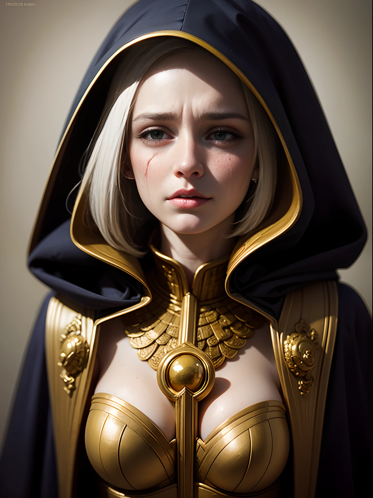 a creepy crying woman with a hooded corseted headl face-down, with a sinister expression on her face, wearing a hooded cloak with golden ornaments, with an evil smile, pre-raphaelite dark rainbow by Roberto Ferri and Marco Mazzoni