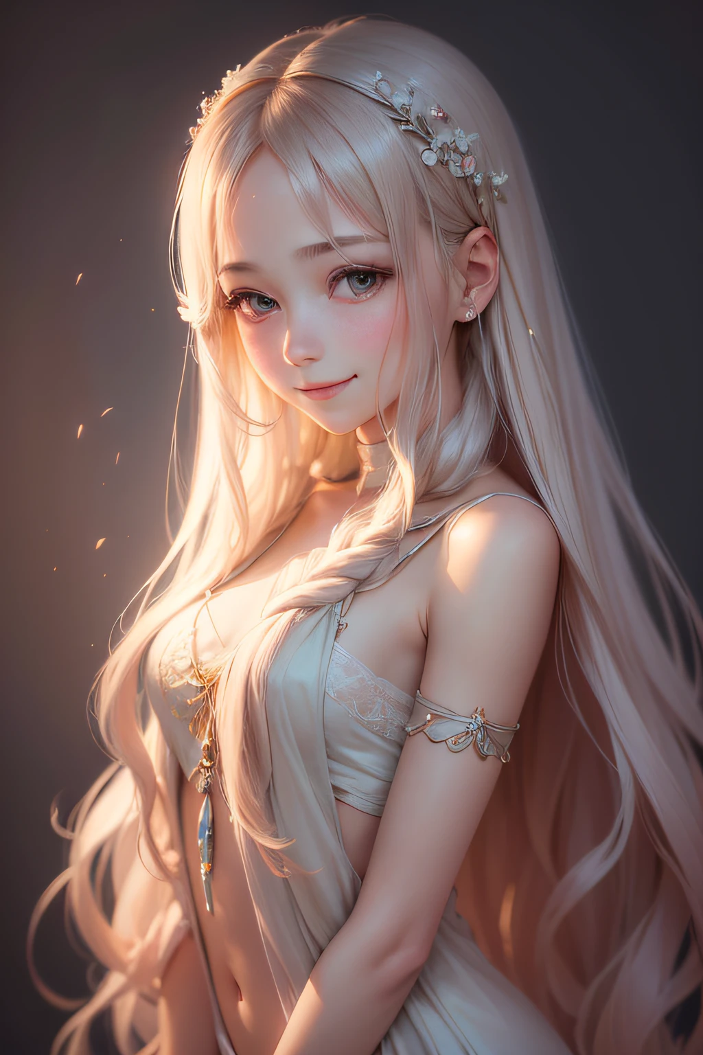 (a shy smile,beautiful long hair,a slim body):0.95,(medium,traditional,painting),(soft lighting,blurred background),(best quality,4k,highres),(realistic),(vivid colors),(portrait),(pastel color palette),(delicate details),gentle mood,soft fabric texture,comfortable setting,feminine energy,sensibility,hints of innocence.