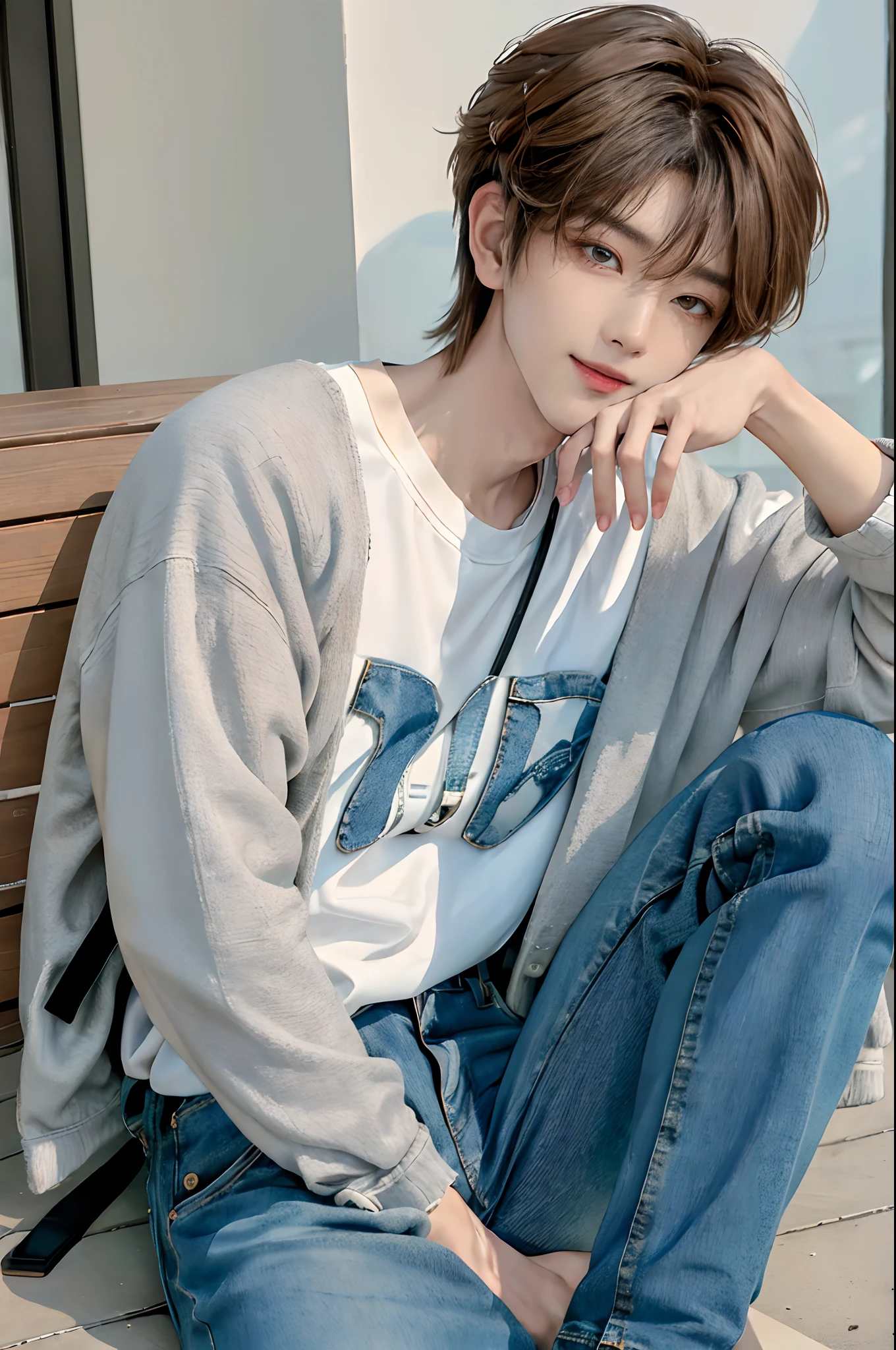 ((4K works))、​masterpiece、（top-quality)、((high-level image quality))、((One Manly Boy))、Slim body、((Jeans Fashion))、((Men's Fashion))、((Carry a backpack and phone in hand))、(Detailed beautiful eyes)、In a fashionable city、Sitting on the curb and listening to music、Face similar to Chaewon in Ruseraphim、((short hair above the ears))、((Smaller face))、((Neutral face))、((Light brown eyes))、((Korean boy))、((18year old))、((Handsome man))、((Smiling expression))、((Korean Makeup))、((elongated and sharp eyes))、((photo of a model))、((Like a celebrity))、Professional Photos、((Shot alone))、((Sitting on the curb and listening to music through headphones))、((He sits in front of the viewer))、((Shot from the front diagonally up))、((Looking at your phone))