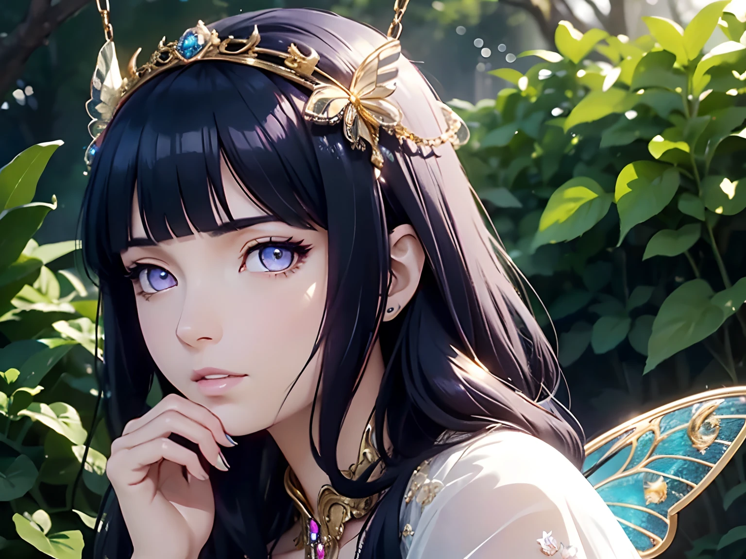 This is、It's a masterpiece of realistic fantasy with lots of sparkles, Glitter, and intricate ornate details. Produces one petite woman with a beautiful delicate crown sitting on a garden swing at night. She is a beautiful and seductive butterfly queen with stunning curly dark blue hair, (((Incredibly realistic and detailed dynamic eyes in dark blue with realistic shading))).  Her skin is translucent white, Her eyes are shining, And her dress is elegant. Her dress is spun with delicate and finest gossamer silk, Convoluted, Delicate floral details and gold silk butterfly sleeves. Her face is lovely and lonely. Include flowers that glow in the dark, Lots of particles, Highly realistic fantasy butte fly with translucent gem-colored wings and fine details, And shine. Artwork done in the style of Guviz、Trending fantasy titles from Artstation and Midjourney、Reminds of the masters of this genre. camera: Using dynamic composition techniques、Emphasizes ethereal delicacy and delicate details, Blunt Bangs, purple eyes