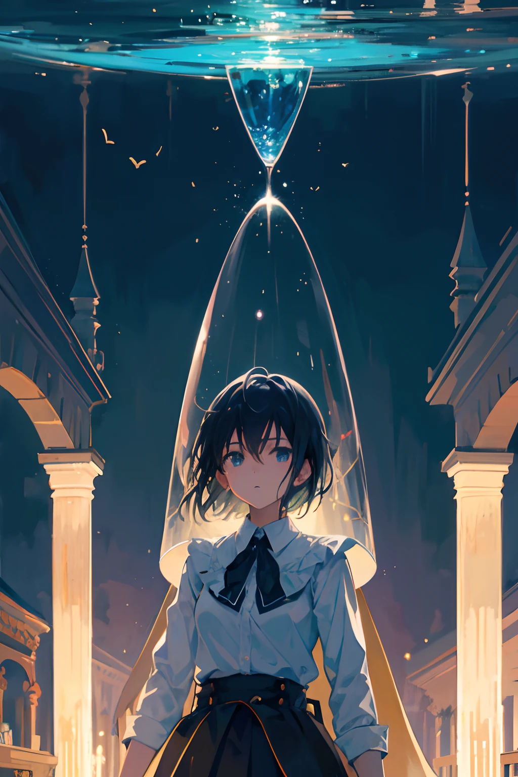 Create exquisite illustrations reminiscent of Makoto Shinkai's style, It has ultra-fine details and top-notch quality. Create an illustration of a girl in an hourglass, Sand falls from above. The girl looks up at the falling sand, Surrounded by a nostalgic and fantastic atmosphere. The overall scene evokes a sense of wonder, eternity, And curiosity, Capture the enchanting sensation of being inside a magical hourglass.