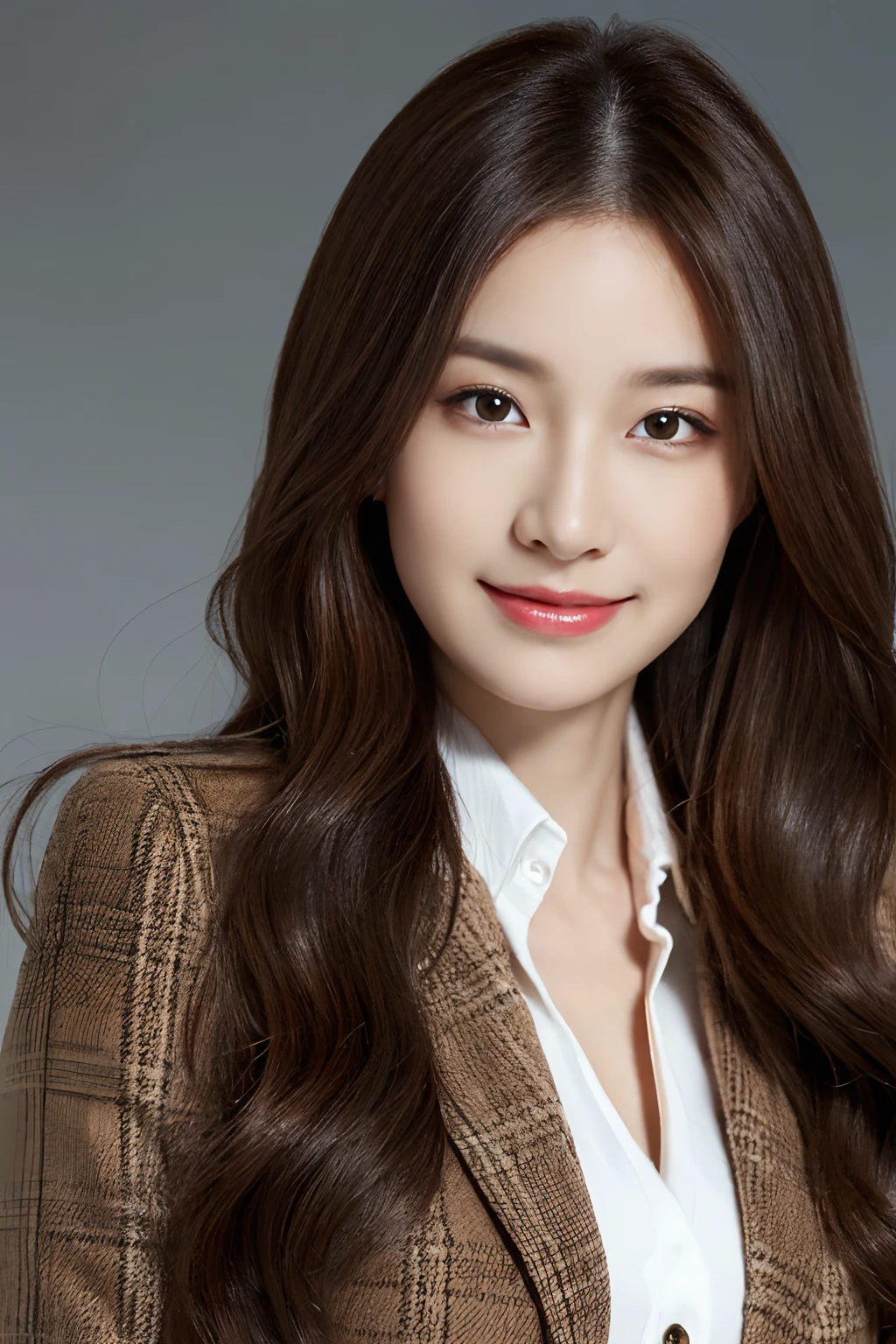 masutepiece, Best Quality, Photorealistic, Ultra-detailed, finely detail, High resolution, 8K Wallpaper, 1 beautiful woman,, light brown messy hair, in a business suit, foco nítido, Perfect dynamic composition, Beautiful detailed eyes, detailed hairs, Detailed realistic skin texture, Smiling, Close-up portrait, Model body type