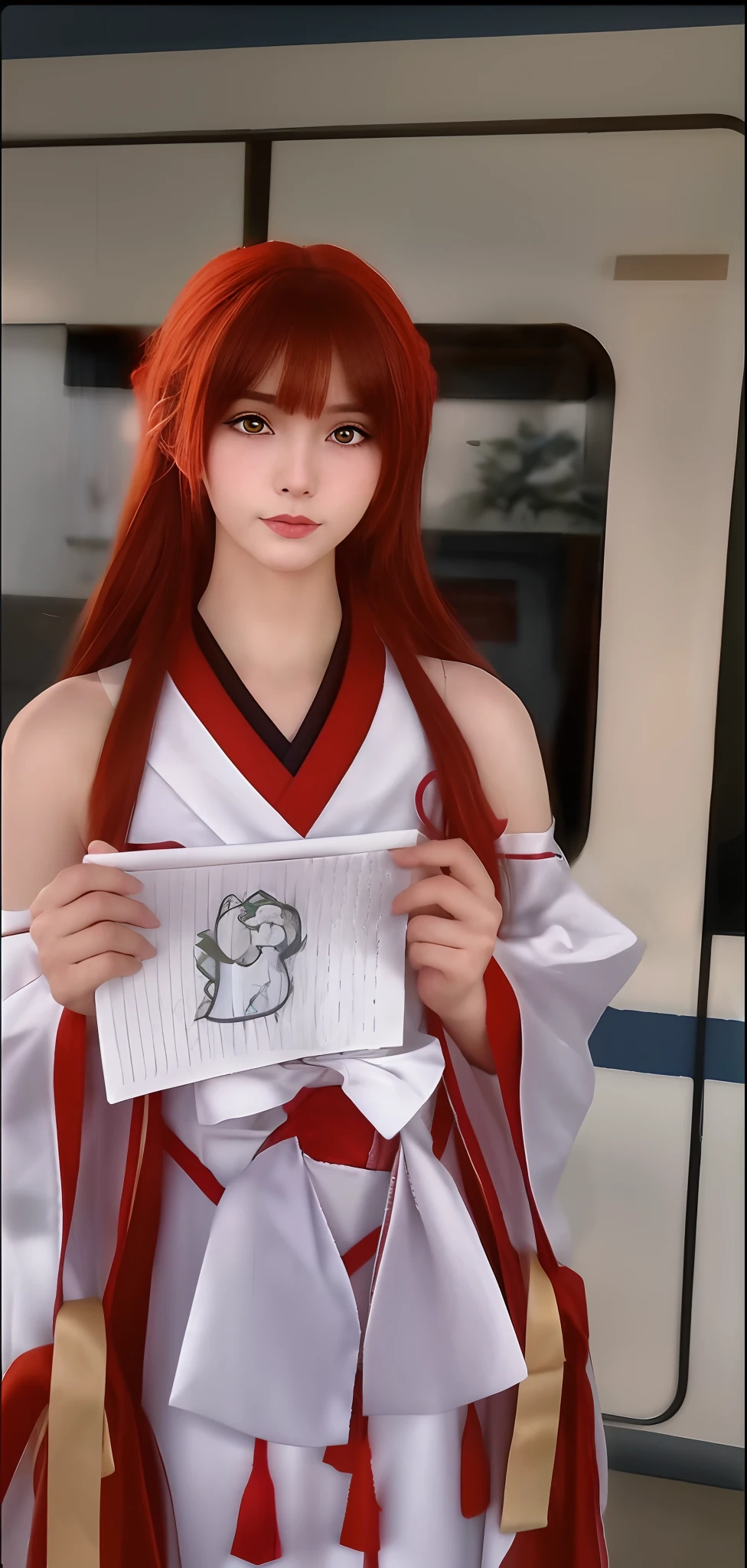 The Arad woman in a white and red dress holds a piece of paper, made with anime painter studio, anime realism style, Anime girl cosplay, realistic anime artstyle, Photorealistic anime, Anime girl in real life, drawn in anime painter studio, inspired by Nishikawa Sukenobu, Anime cosplay, In anime style, in an anime style
