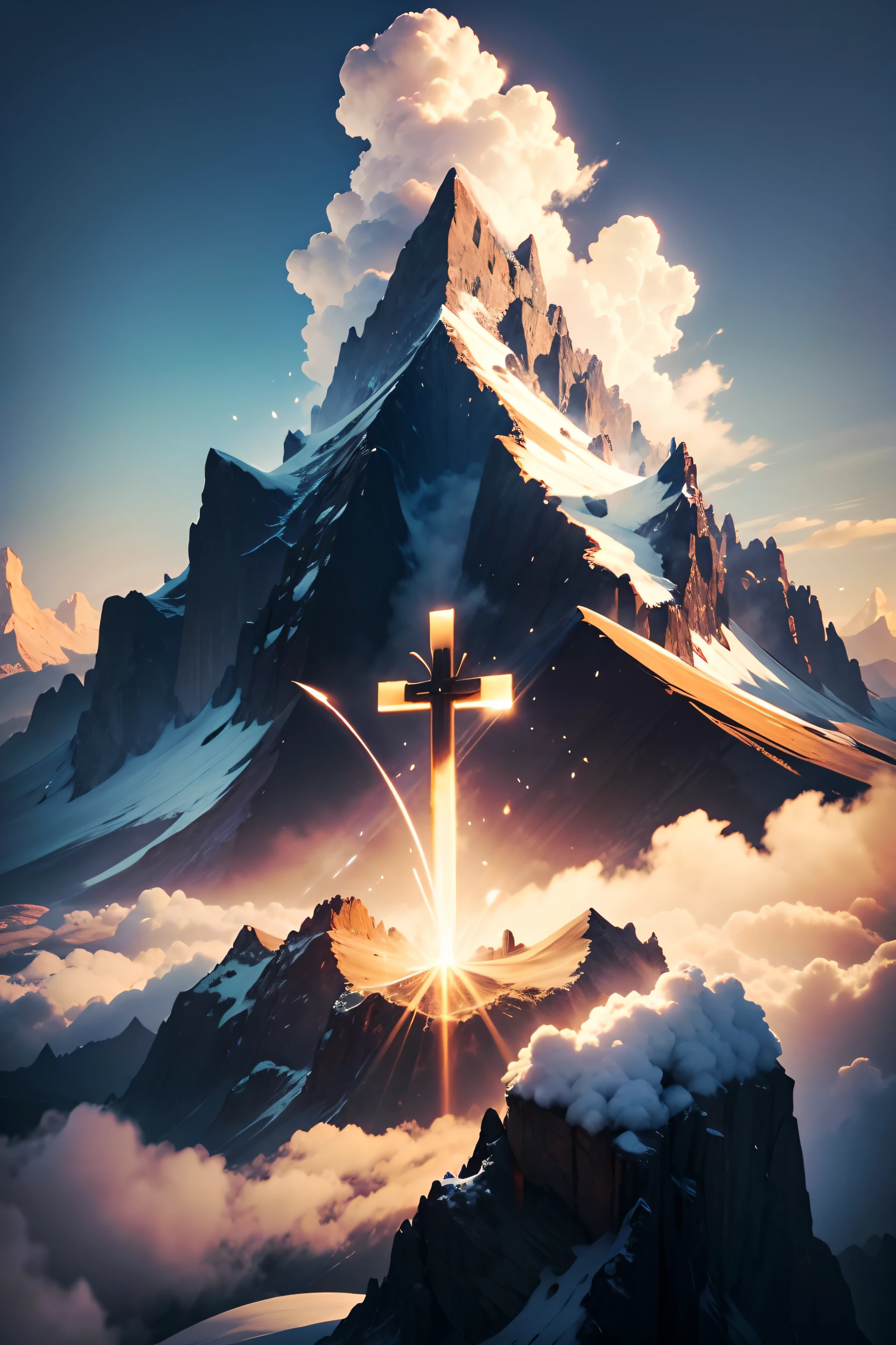 IT CREATES A VERY BEAUTIFUL MOUNTAIN AND A CROSS IN FRONT OF IT SHINING IN THE SKY WITH SEVERAL ANGELS AROUND IT