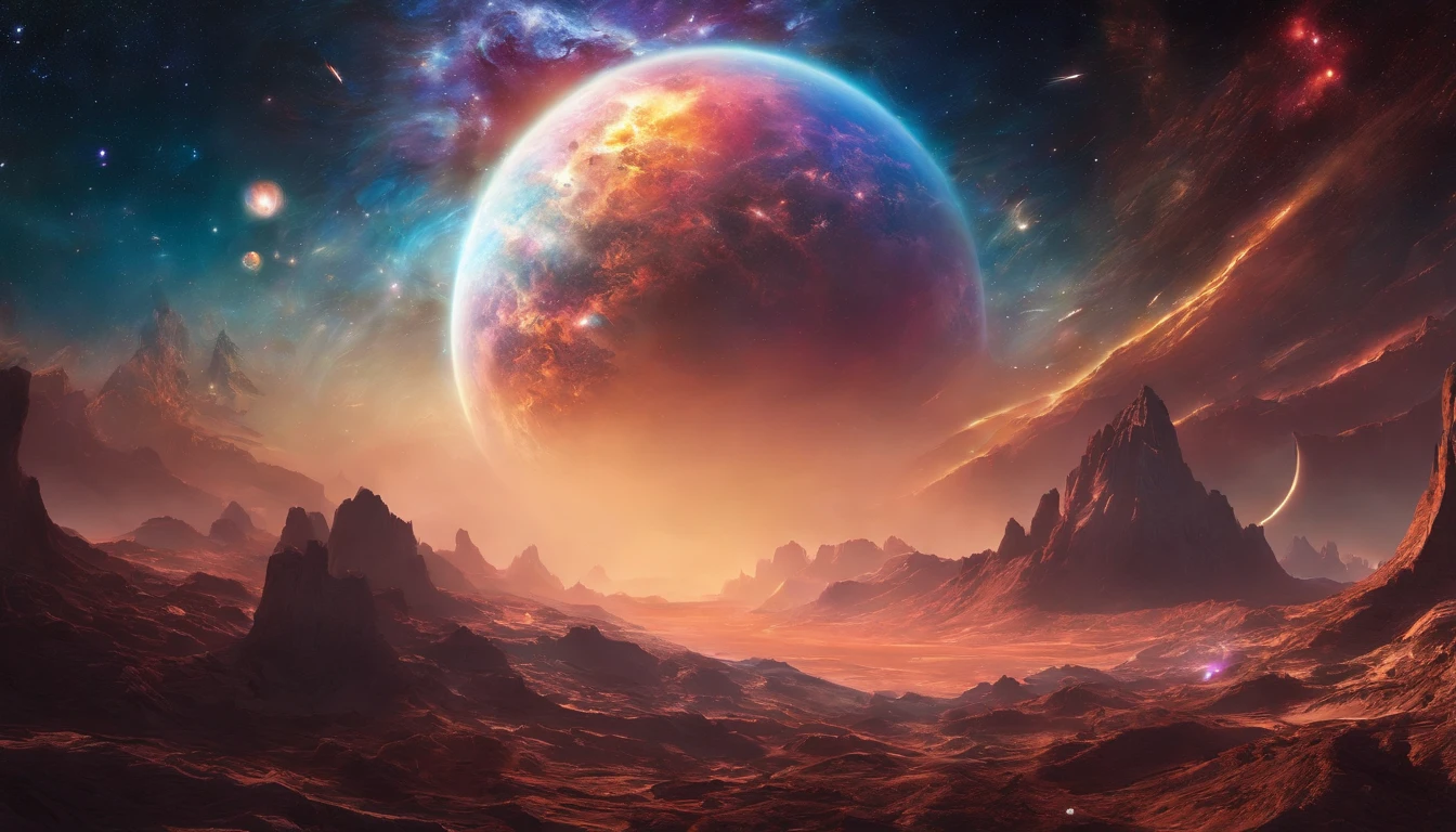 Cosmic titan emerging from nebulae in outer space and rising above the horizon,(melhor qualidade,4k,8k,Altas,master part:1.2),ultra-detalhado,(Realistic,fotorrealista,photo-realistic:1.37),Dreamlike nebulae,A majestic cosmic titan with immense power emerges from colorful, spinning nebulae deep in outer space. Its massive shape glows with vibrant colors and is surrounded by strands of stardust. The titan rises above the horizon, casting a soft glow as he ascends the celestial expanse. Rays of light pass through the cosmic atmosphere, Illuminating the intricate and detailed features of the Titan. Seus olhos, Profundo e misterioso, transmitem sabedoria antiga enquanto olham para o cosmos infinito. The titan's muscular and inspiring physique exudes strength and dominance, reflecting its cosmic origins. As he stretches out his colossal arms, Celestial energy snaps and dances around your fingertips, radiating power and energy. As nebulosas circundantes continuam a girar, Creating a mesmerizing display of cosmic beauty. The overall scene is bathed in a surreal and ethereal atmosphere, Increasing the dreamlike quality of the emergence of the cosmic titan. As cores mudam e se misturam harmoniosamente, creating a captivating palette of cosmic tones. Lighting accentuates the shape of the titan, highlighting every intricate detail and creating a sense of depth and dimension. The interaction between light and shadow further enhances the realism and depth of the composition. This work of art is a masterpiece of cosmic art, Capturing the grandeur and majesty of the cosmic titan as it emerges from the nebulae and ascends to new celestial heights.