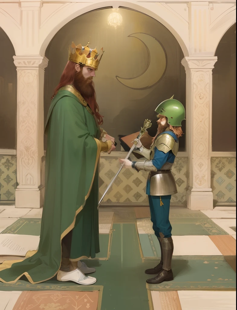 there is a drawing of a king and a young male knight in a castle, granting him a noble title, classic children's illustration, with scepter and crown, the white king, moebius illustration art, medieval fantasy illustration, king has red hair and beard, knight is dressed in green armor with green helmet
