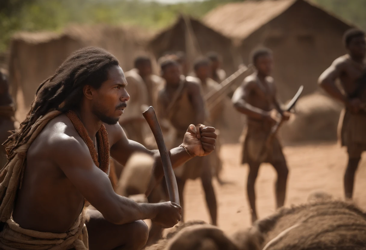 Imagine a striking scene where the Bara warriors, guerrier Africains dans la brousses de Madagascar. Des gueriers fiers et forts, reviennent victorieux d'une bataille avec un village voisin. Ils entrent dans leur propre village, Eyes shining with determination and success. Certains portent des lances, symboles de leur bravoure au combat, tandis que d'autres tiennent des fusils artisanaux, a representation of their adaptation to changing times.
At the heart of this scene, les guerriers Bara captifs du village ennemi sont clairement mis en avant. They are tied up, marquant leur statut de prisonniers de guerre. Their faces express resignation, frustration and helplessness in the face of their situation. They wear torn clothes, Marks of the battle they fought.
The Bara warriors demonstrate their triumph by exhibiting these defeated captives. The stage is animated by an intense energy, mixing the pride of the Bara and the helplessness of the prisoners. sunlight, symbolisant la victoire, casts striking shadows on this scene, adding to the intensity of the moment.