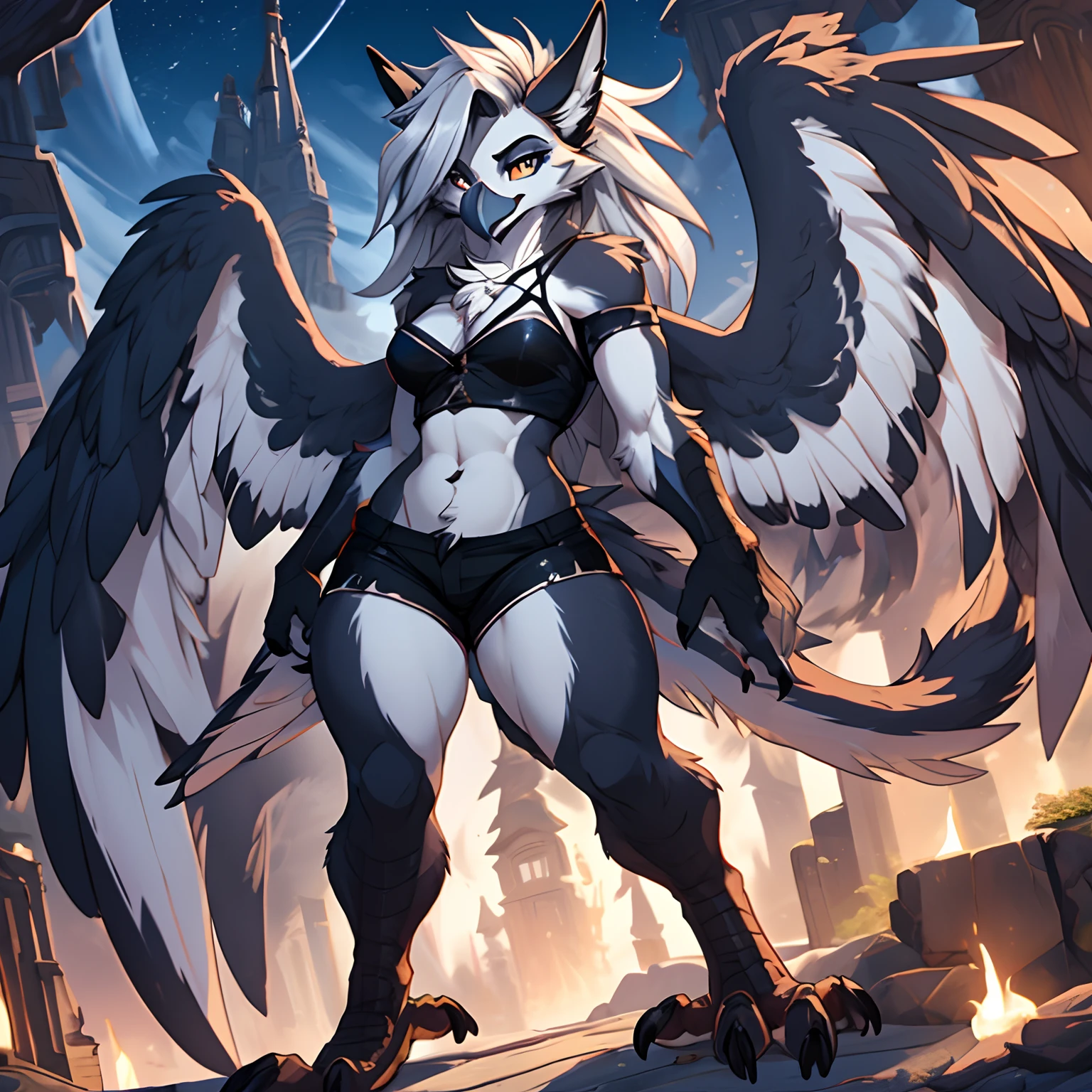 (Masterpiece), detailed background, cinematic lighting, high resolution, perfect anatomy, furry commission, (female anthro gryphon), solo female, curvy, attractive, beautiful eyes, color palette of Loona from Helluva Boss, Loona as a gryphon, (beak), feathered wings, (bird legs), bird feet, talons, athletic, fluff Kevlar, foxovh