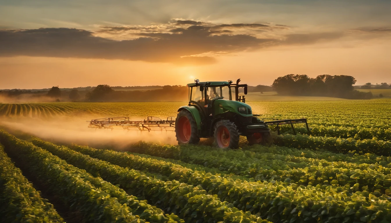 (aerial view of tractor,[green soybean plantation at sunset:1.1],spraying pesticides,agriculture,farm,[vibrant colors:0.9],[beautiful landscape:1.1],[golden hour lighting:1.1],[detailed tractor:0.9],farmland,[harvest season:1.2],crop protection)