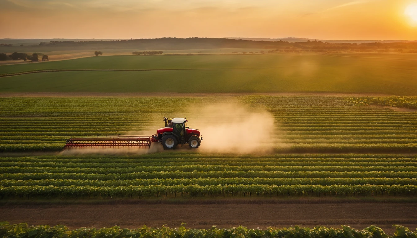 (aerial view of tractor,[green soybean plantation at sunset:1.1],spraying pesticides,agriculture,farm,[vibrant colors:0.9],[beautiful landscape:1.1],[golden hour lighting:1.1],[detailed tractor:0.9],farmland,[harvest season:1.2],crop protection)