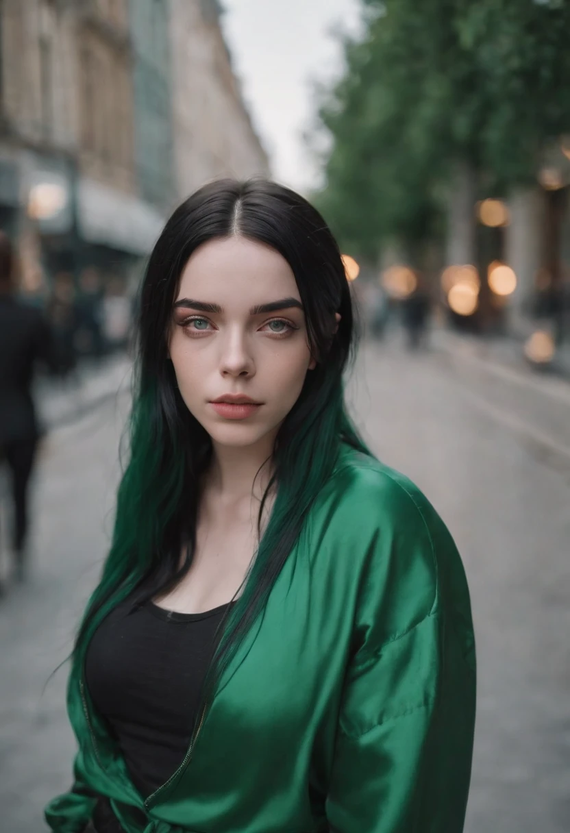 Beautiful girl looks like Billie Eilish, sexy Figur, sexy Pose, Hot clothes, green and black hair, beauty face, walking through a city