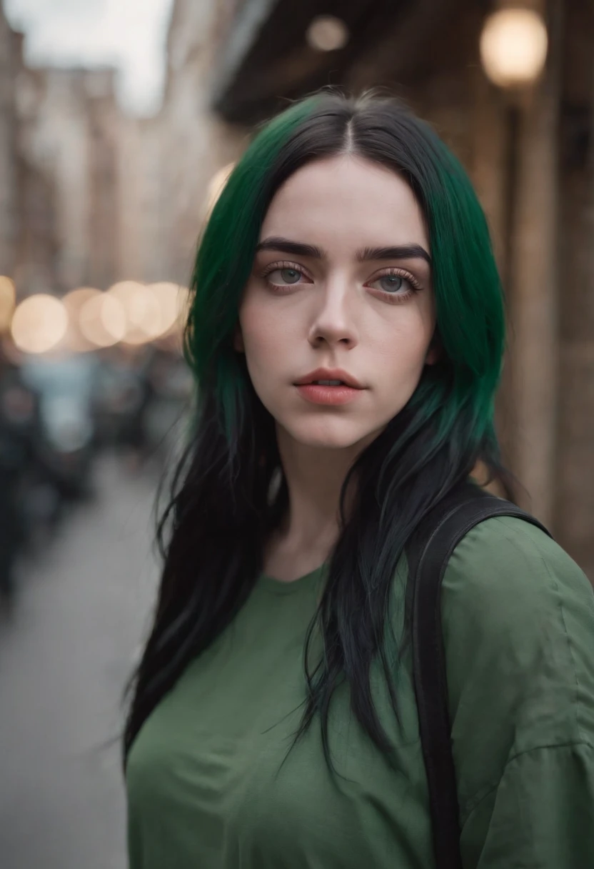 Beautiful girl looks like Billie Eilish, sexy Figur, sexy Pose, Hot clothes, green and black hair, beauty face, walking through a city
