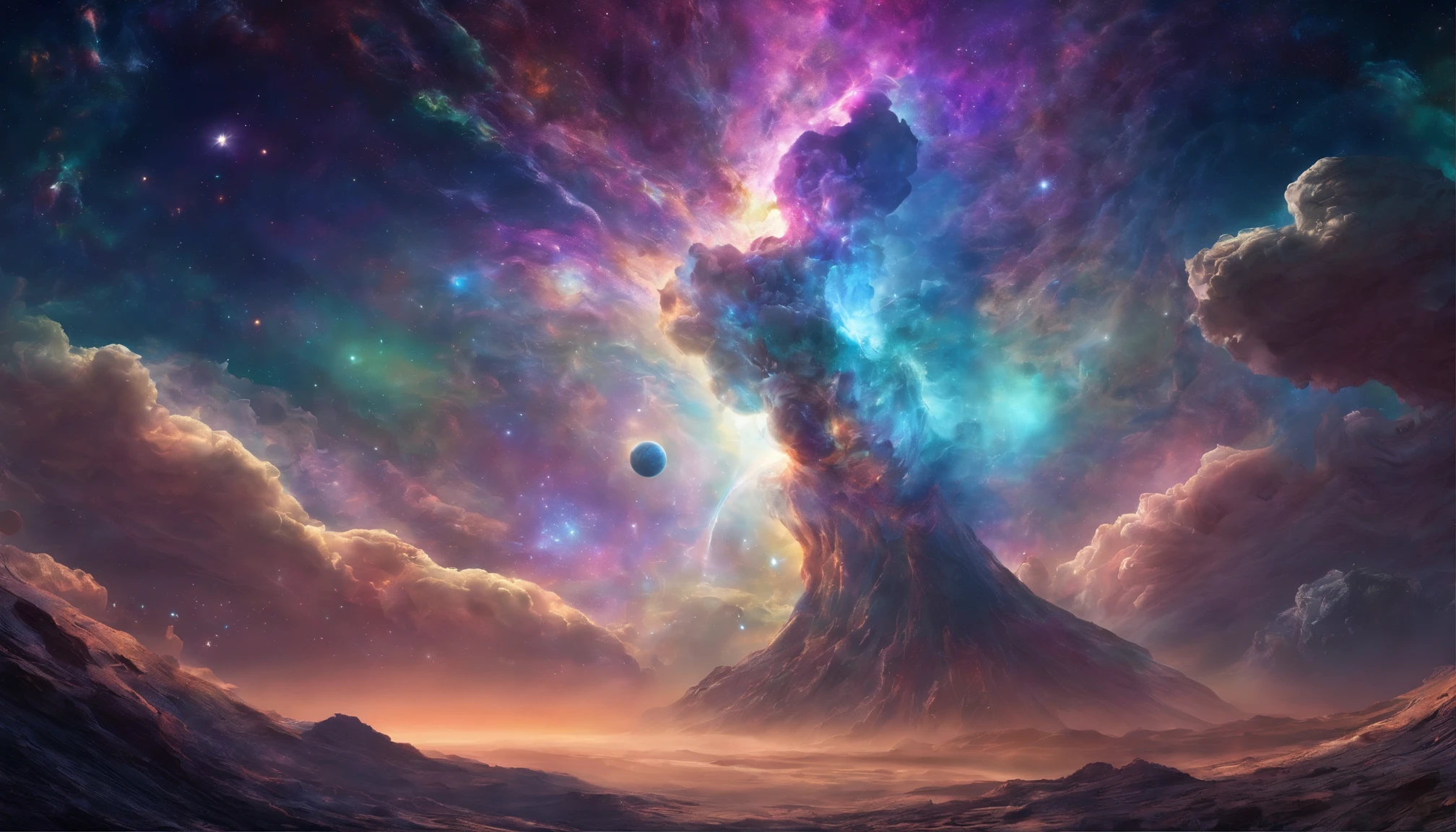Cosmic titan emerging from nebulae in outer space and rising above the horizon,(melhor qualidade,4k,8k,Altas,master part:1.2),ultra-detalhado,(Realistic,fotorrealista,photo-realistic:1.37),Dreamlike nebulae,A majestic cosmic titan with immense power emerges from colorful, spinning nebulae deep in outer space. Its massive shape glows with vibrant colors and is surrounded by strands of stardust. The titan rises above the horizon, casting a soft glow as he ascends the celestial expanse. Rays of light pass through the cosmic atmosphere, Illuminating the intricate and detailed features of the Titan. Seus olhos, Profundo e misterioso, transmitem sabedoria antiga enquanto olham para o cosmos infinito. The titan's muscular and inspiring physique exudes strength and dominance, reflecting its cosmic origins. As he stretches out his colossal arms, Celestial energy snaps and dances around your fingertips, radiating power and energy. As nebulosas circundantes continuam a girar, Creating a mesmerizing display of cosmic beauty. The overall scene is bathed in a surreal and ethereal atmosphere, Increasing the dreamlike quality of the emergence of the cosmic titan. As cores mudam e se misturam harmoniosamente, creating a captivating palette of cosmic tones. Lighting accentuates the shape of the titan, highlighting every intricate detail and creating a sense of depth and dimension. The interaction between light and shadow further enhances the realism and depth of the composition. This work of art is a masterpiece of cosmic art, Capturing the grandeur and majesty of the cosmic titan as it emerges from the nebulae and ascends to new celestial heights.