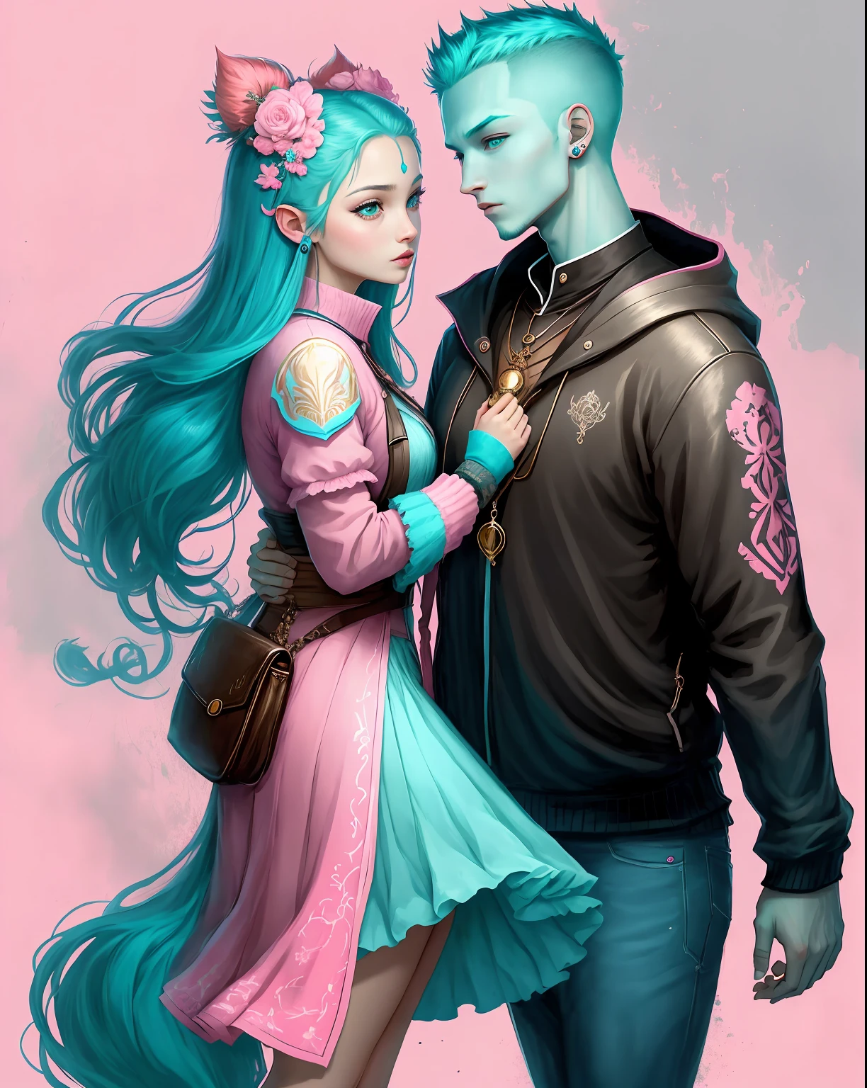 Generate a one-of-a-kind couple avatar, ((pink cyan theme:1.1))