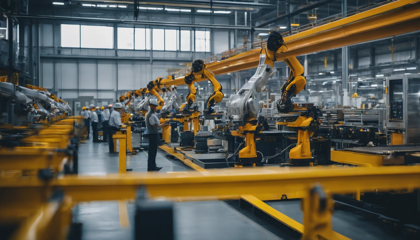 a robotic assembly line in an automotive factory,metallic,precision engineering,elevated walkways,efficient and automated processes,advanced technology,busy atmosphere,fast-moving robots,meticulously calibrated machinery,powerful industrial robots,welding sparks,factory workers in safety gear,hum of machines,precision robotics,flawless manufacturing process,steel frames,conveyor belts,multicolored warning lights,brightly lit workspace,strict quality control,automated inspections,robotic arms assembling car parts,high-tech sensors,computerized controls,automated testing,seamless integration of parts,smooth movements,robotic precision,high-speed production,line supervisors monitoring operations,engineering excellence,innovative manufacturing techniques,optimized productivity,perfect synchronization of machines and workers,precision in every detail,vibrant colors showcasing the robotic precision,light and shadow playing on the machinery.