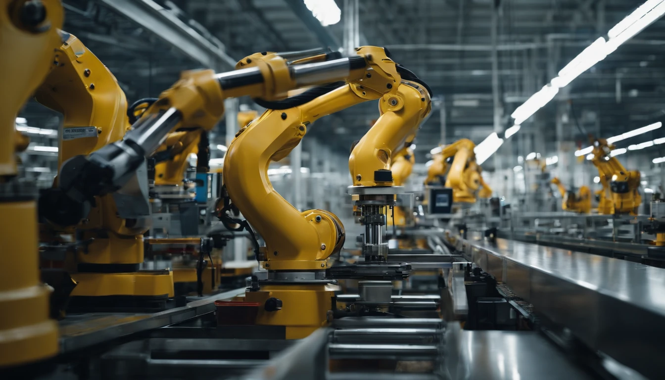 a robotic assembly line in an automotive factory,metallic,precision engineering,elevated walkways,efficient and automated processes,advanced technology,busy atmosphere,fast-moving robots,meticulously calibrated machinery,powerful industrial robots,welding sparks,factory workers in safety gear,hum of machines,precision robotics,flawless manufacturing process,steel frames,conveyor belts,multicolored warning lights,brightly lit workspace,strict quality control,automated inspections,robotic arms assembling car parts,high-tech sensors,computerized controls,automated testing,seamless integration of parts,smooth movements,robotic precision,high-speed production,line supervisors monitoring operations,engineering excellence,innovative manufacturing techniques,optimized productivity,perfect synchronization of machines and workers,precision in every detail,vibrant colors showcasing the robotic precision,light and shadow playing on the machinery.