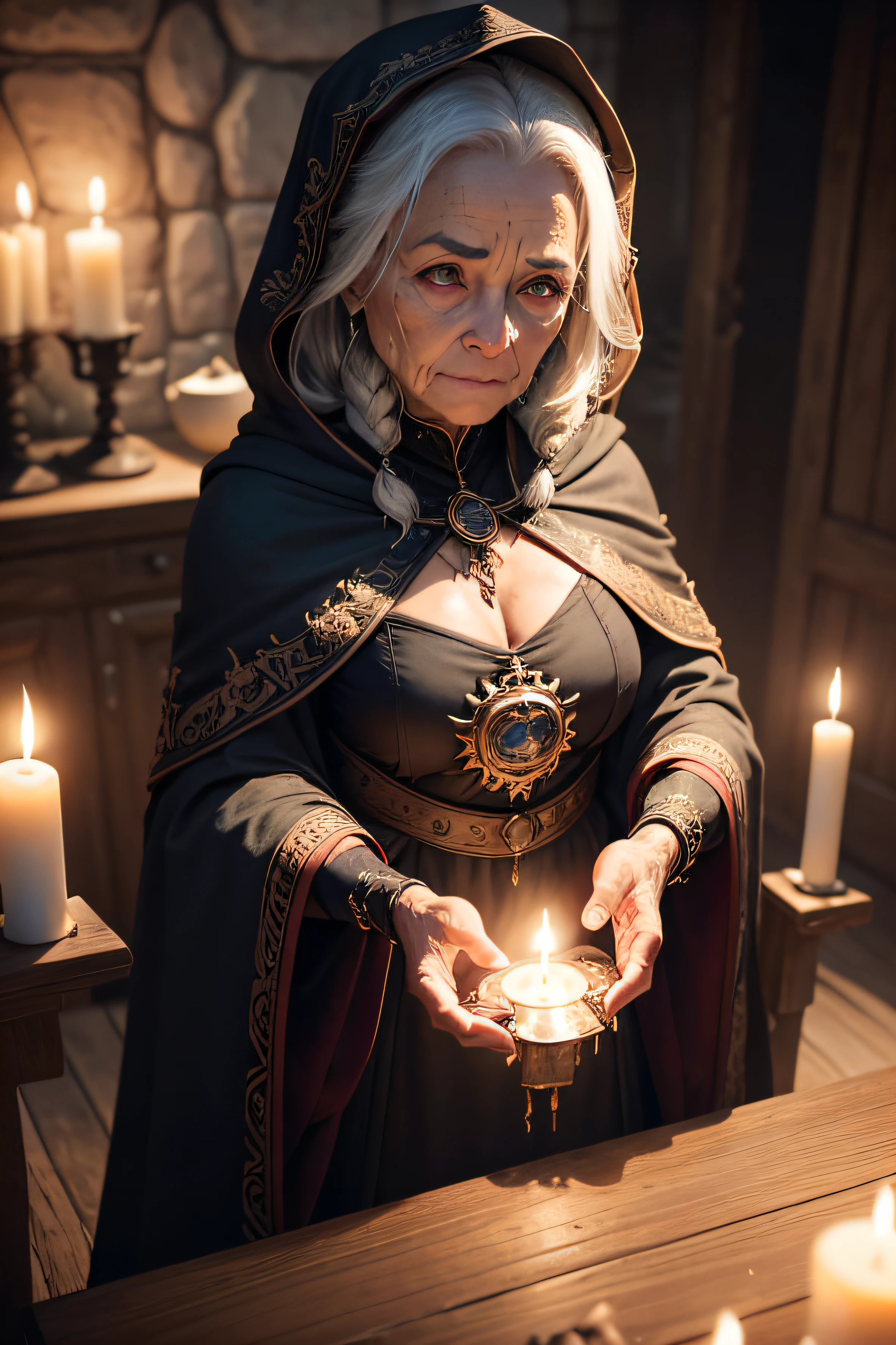 a high-definition, high-realism image of an elderly woman, com a pele desgastada e com roupas velhas com longos cabelos grisalhos e encaracolados, Wear a dark cloak adorned with magical symbols. She must be standing in front of an antique wooden table, covered in potions and magical objects. Your skin should show deep, wise wrinkles, with piercing and fine eyes that reflect the wisdom of many years of practicing witchcraft. A luz de velas deve iluminar seu rosto, highlighting her mysterious expression and techniques as she performs a magical ritual. The image should convey the feeling that she is an experienced and powerful sorceress."