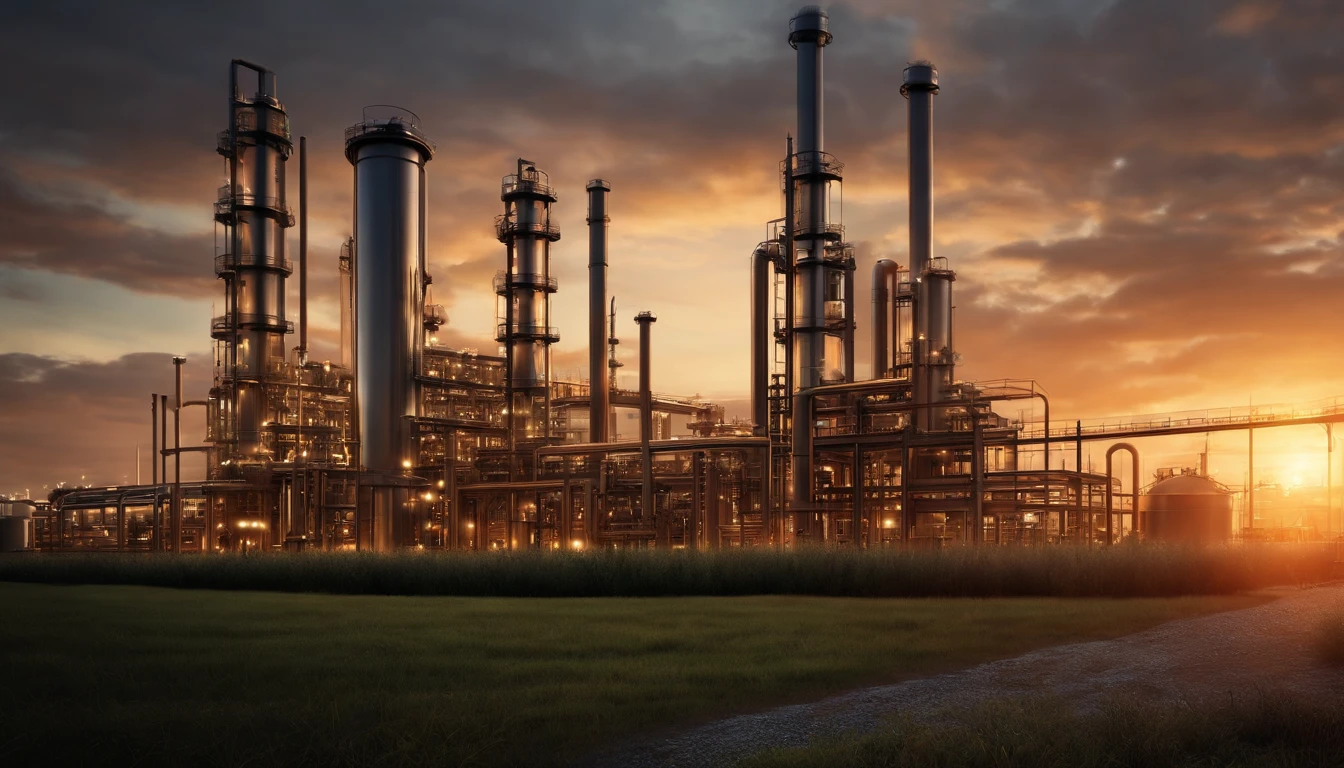 (oil refinery,industrial area:1.1,sunrise:1.1,cloudy sky,steel pipes:1.1,equipment:1.1)

(best quality,4k,8k,highres,masterpiece:1.2),ultra-detailed,(realistic,photorealistic,photo-realistic:1.37),vivid colors,HDR,UHD,studio lighting,sharp focus,physically-based rendering,professional

(portraits,landscape),industry concept,impressive scenery,dreamy atmosphere

The scene showcases an impressive oil refinery plant in an industrial area. The plant is surrounded by a complex network of steel pipes, highlighting the industrial nature of the setting. The artwork captures the moment of sunrise, casting a warm glow on the horizon. The sky is adorned with clouds, adding to the overall dynamic atmosphere of the scene. Every detail of the steel pipes and the equipment within the plant is meticulously depicted, resulting in an ultra-detailed and realistic portrayal. The colors are vibrant and vivid, enhancing the visual impact of the artwork. The high image quality, with its 4k or 8k resolution and HDR treatment, portrays every fine detail with clarity and precision. The lighting is carefully designed to create a studio-like atmosphere, further emphasizing the realistic and professional nature of the artwork.

In terms of artistic style, the artwork can be classified as a blend of portraits and landscape. The combination of industrial elements and the natural beauty of the sunrise creates a captivating contrast within the composition. The overall ambiance exudes a dreamy atmosphere, inviting viewers to contemplate the harmonious coexistence of nature and human-made structures.