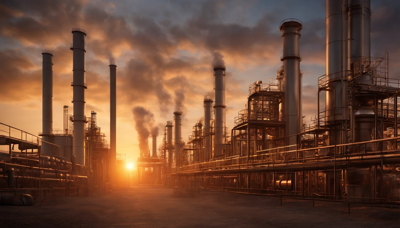 (oil refinery,industrial area:1.1,sunrise:1.1,cloudy sky,steel pipes:1.1,equipment:1.1)

(best quality,4k,8k,highres,masterpiece:1.2),ultra-detailed,(realistic,photorealistic,photo-realistic:1.37),vivid colors,HDR,UHD,studio lighting,sharp focus,physically-based rendering,professional

(portraits,landscape),industry concept,impressive scenery,dreamy atmosphere

The scene showcases an impressive oil refinery plant in an industrial area. The plant is surrounded by a complex network of steel pipes, highlighting the industrial nature of the setting. The artwork captures the moment of sunrise, casting a warm glow on the horizon. The sky is adorned with clouds, adding to the overall dynamic atmosphere of the scene. Every detail of the steel pipes and the equipment within the plant is meticulously depicted, resulting in an ultra-detailed and realistic portrayal. The colors are vibrant and vivid, enhancing the visual impact of the artwork. The high image quality, with its 4k or 8k resolution and HDR treatment, portrays every fine detail with clarity and precision. The lighting is carefully designed to create a studio-like atmosphere, further emphasizing the realistic and professional nature of the artwork.

In terms of artistic style, the artwork can be classified as a blend of portraits and landscape. The combination of industrial elements and the natural beauty of the sunrise creates a captivating contrast within the composition. The overall ambiance exudes a dreamy atmosphere, inviting viewers to contemplate the harmonious coexistence of nature and human-made structures.