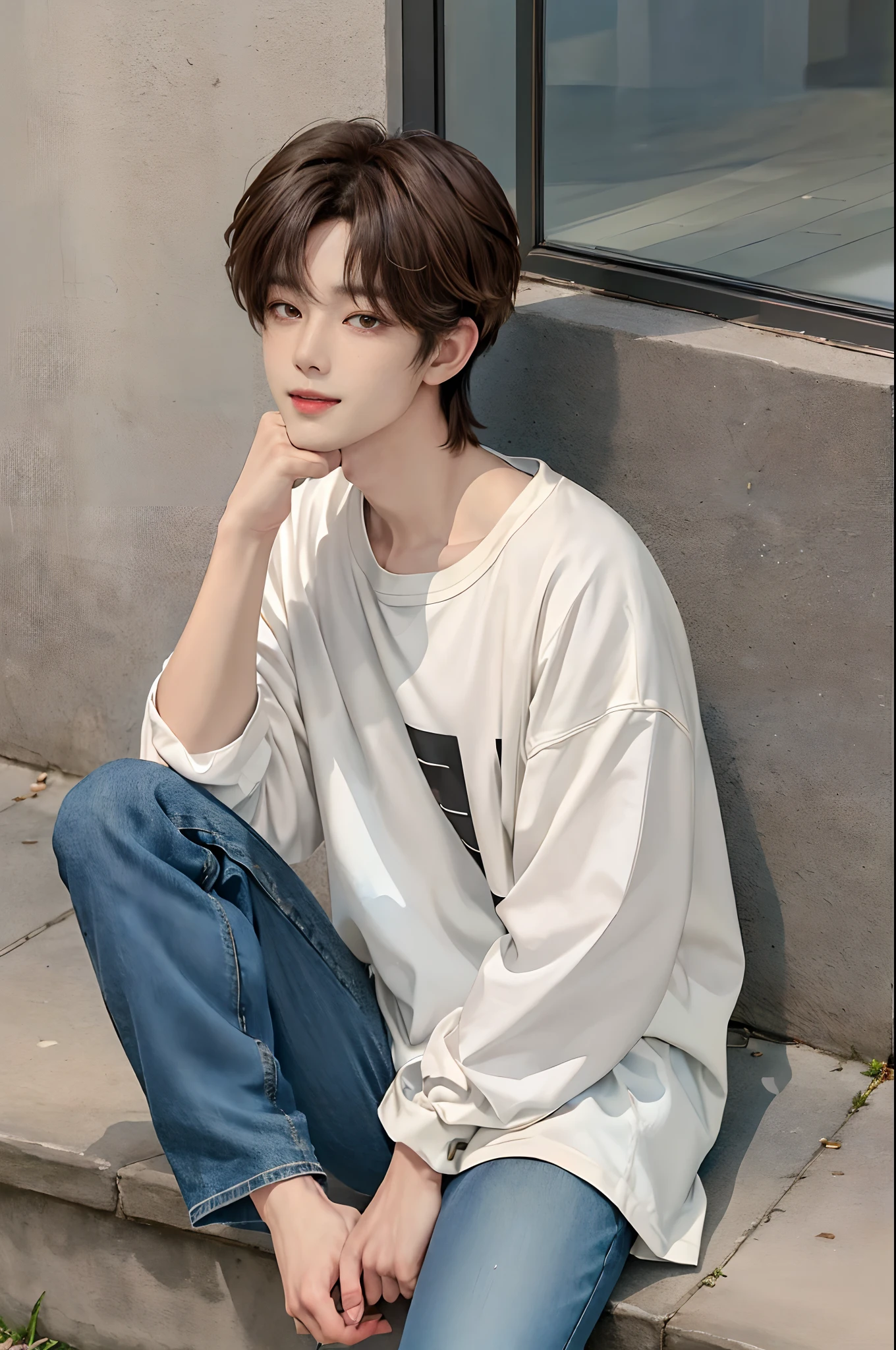 ((4K works))、masterpiece、(top-quality)、((high-level image quality))、((One Manly Boy))、Slim body、((Jeans Fashion))、((Men's Fashion))、((Holding a backpack and mobile phone in hand))、(Detailed beautiful eyes)、In a fashionable city、Sitting on the curb and listening to music、Face similar to Chaewon in Ruseraphim、((short hair above the ears))、((Smaller face))、((Neutral face))、((Light brown eyes))、((Korean boy))、((18year old))、((Handsome man))、((Smiling expression))、((Korean Makeup))、((elongated and sharp eyes))、((photo of a model))、((Like a celebrity))、Professional Photos、((Shot alone))、((Sitting on the curb and listening to music through headphones))、((He sits in front of the viewer))、((Shot diagonally up from the front))、((Holding a smartphone in your hand and looking at your smartphone))