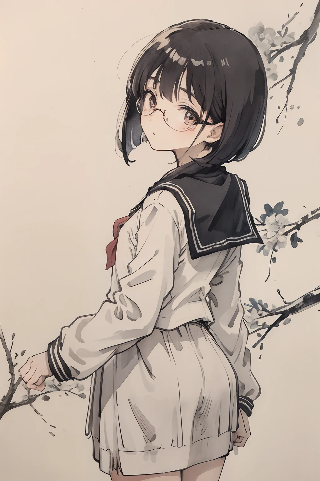 (tmasterpiece,best qualtiy:1.2),ink and watercolor painting,girl with、a sailor suit、bob cuts、I'm embarrassed、eye glasses、、Turn around、sano