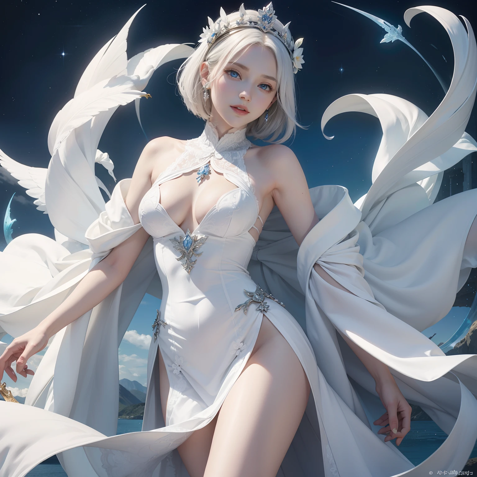 Palace of Heaven,White goddess blue eyes in human shape、beautiful body of a flower of a very attractive age with white pubic hair,,,White Isekai Dress,short-hair,A smile,,Skinny Legs,
