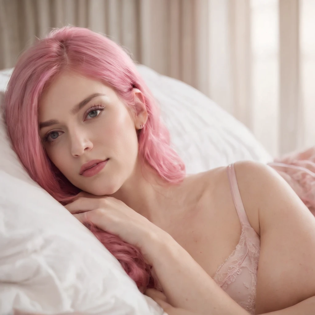 Pink hair, lying on bed, opening up a word horse erotic underwear