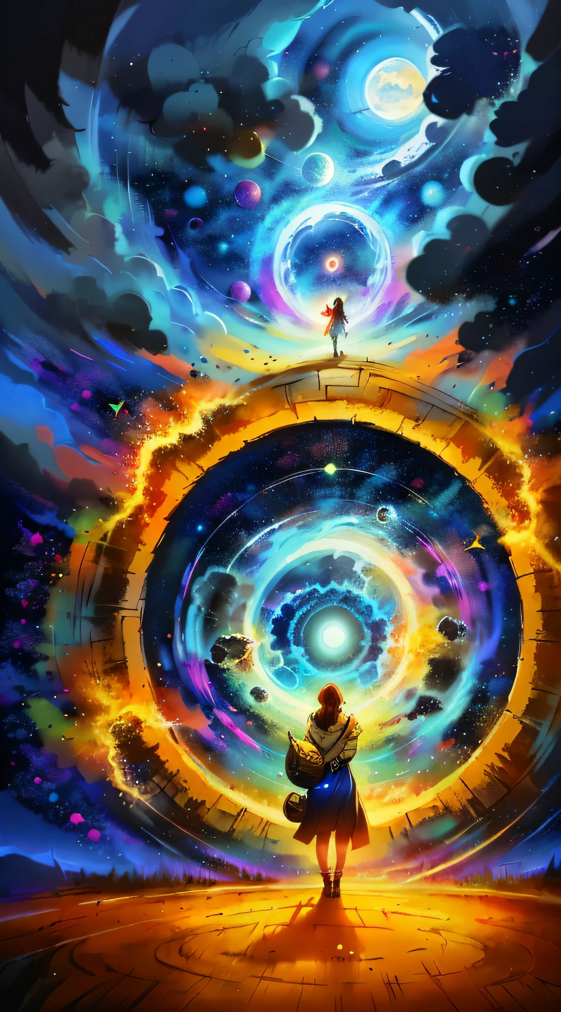 person, standing in front of a space portal overlooking the sun, cyril rolando and goro fujita, gateway to another universe, Inspired by Cyril Rolando, gateway to another dimension, world, visible only through the portal, High quality fantasy stock photo, portal to another world, portal to outer space, In the style of Cyril Rolando, Looking into space, Universe, Magical Galactic Portal, The Cycle of the Stars, God
