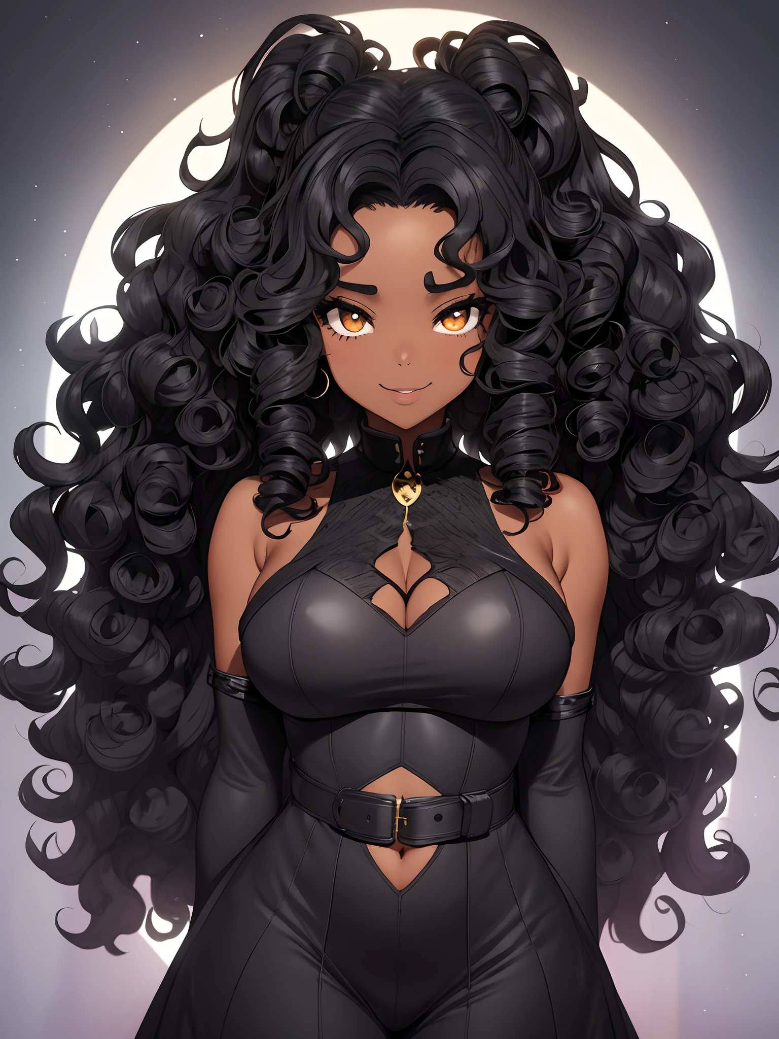 black girl with curly hair very wavy black curly hair curly hair with several curls is very big hair huge curly wavy curly big blacks, sorrindo e com fantasia de mulher gato do batman, em 2D, com fundo cinza
