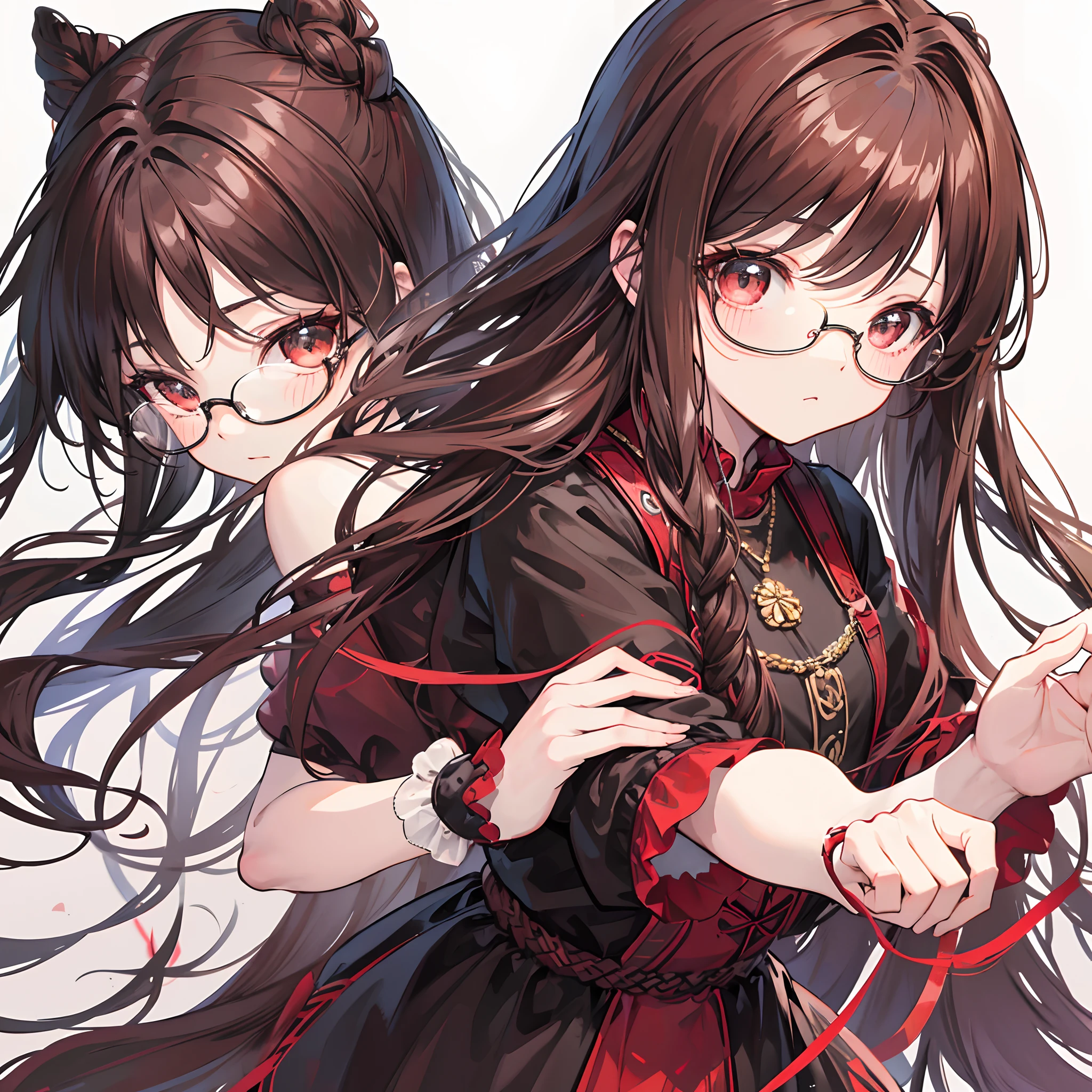 Reddish-brown braided hair,Wear thick black-framed glasses,The eyes are affectionate,Pair it with a cute black ring necklace,Brown and red Lolita clothes,The face is shiny,Super tender,is a petite and cute little sweet girl