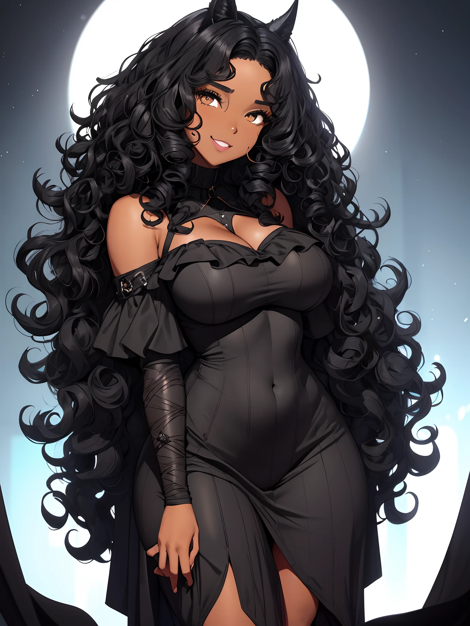 black girl with curly hair very wavy black curly hair curly hair with several curls is very big hair huge curly wavy curly big blacks, sorrindo e com fantasia de mulher gato do batman, em 2D, com fundo cinza