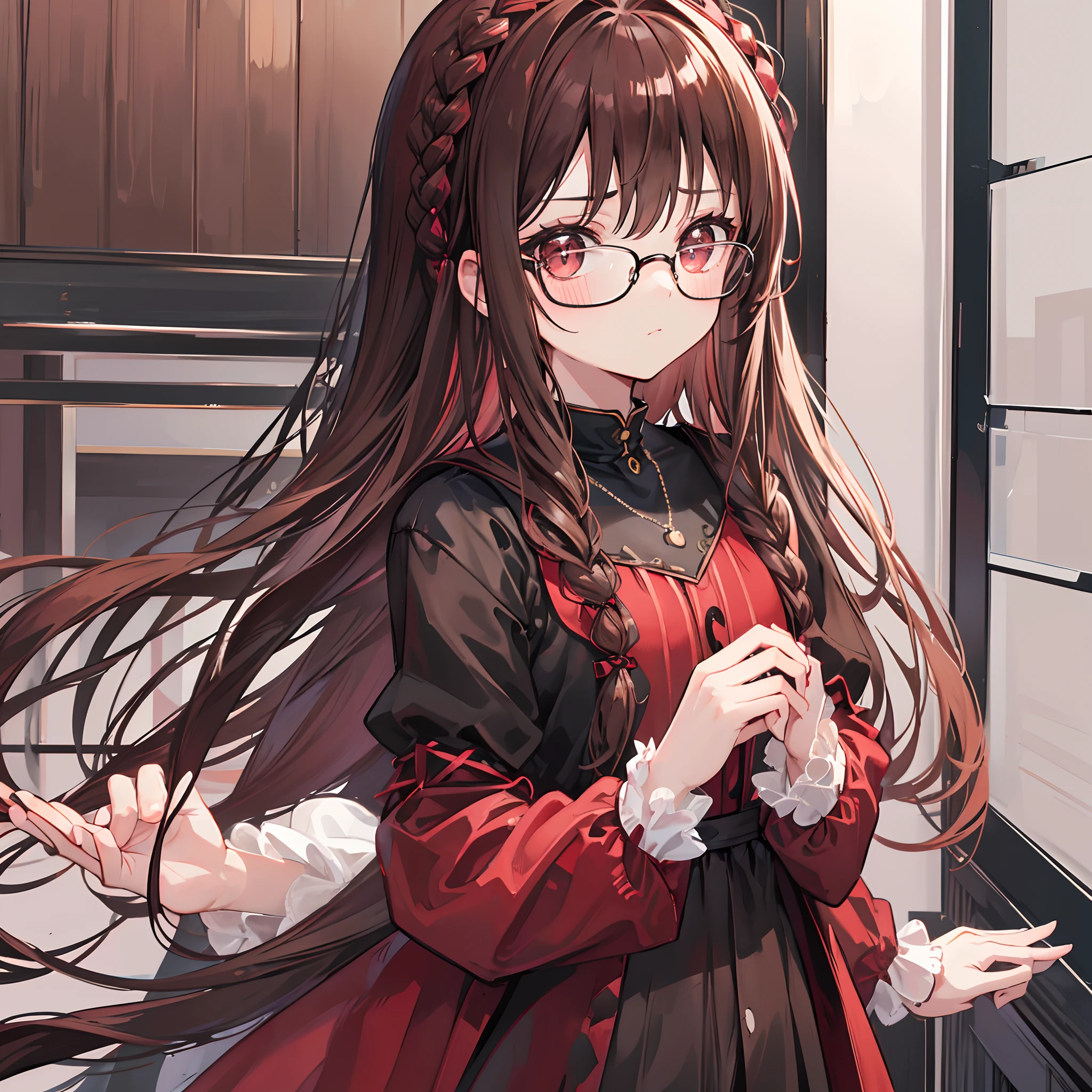 Reddish-brown braided hair,Wear thick black-framed glasses,The eyes are affectionate,Pair it with a cute black ring necklace,Brown and red Lolita clothes,The face is shiny,Super tender,is a ite and cute liteet girl