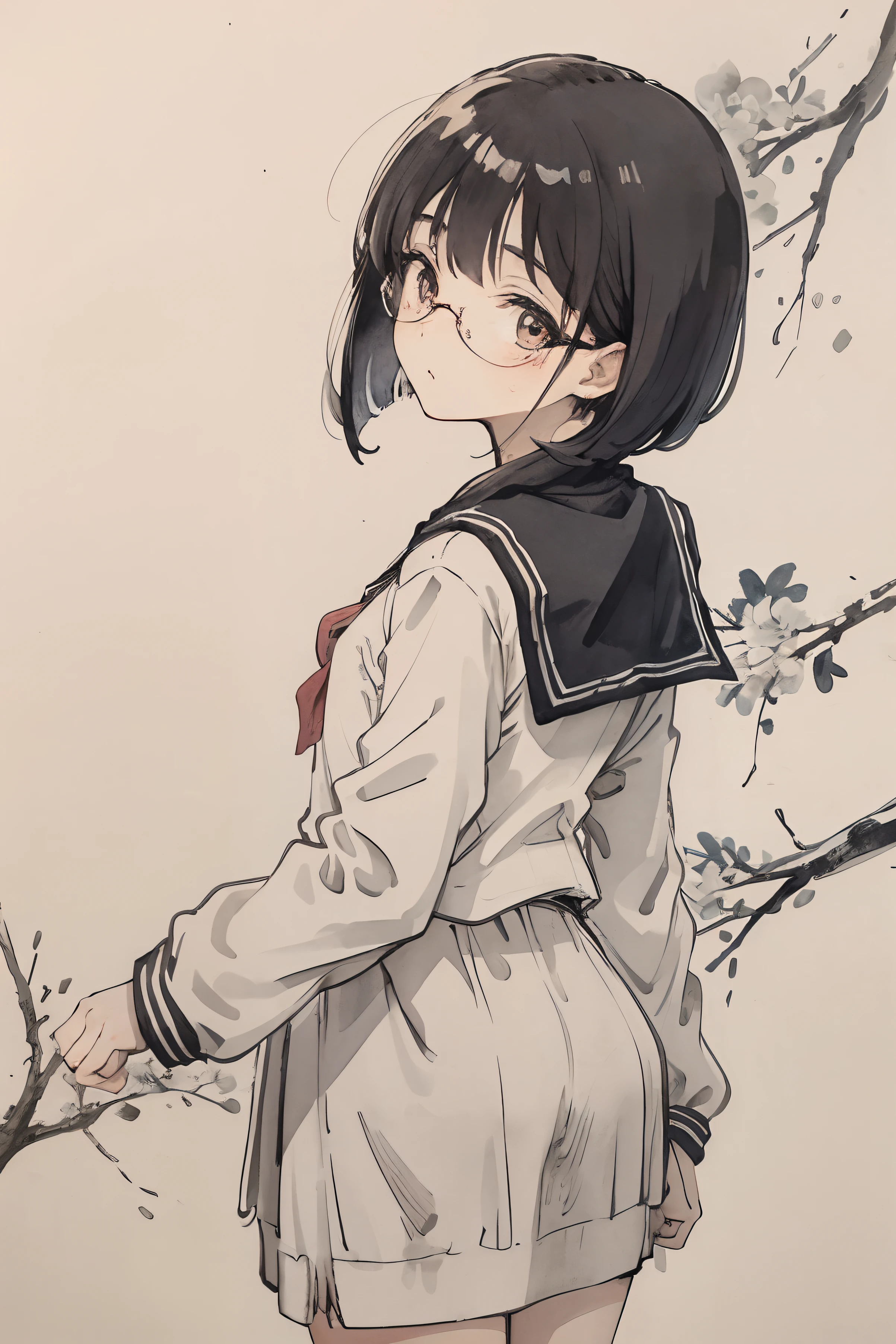 （tmasterpiece，best qualtiy：1.2），ink and watercolor painting，girl with、a sailor suit、bob cuts、I'm embarrassed、eye glasses、、Turn around、sano