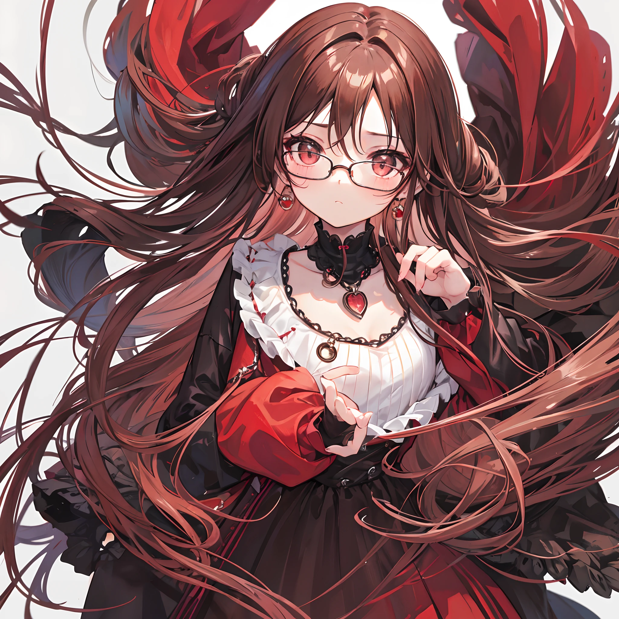 Reddish-brown braided hair，Wear thick black-framed glasses，The eyes are affectionate，Pair it with a cute black ring necklace，Brown and red Lolita clothes，The face is shiny，Super tender，is a ite and cute liteet girl