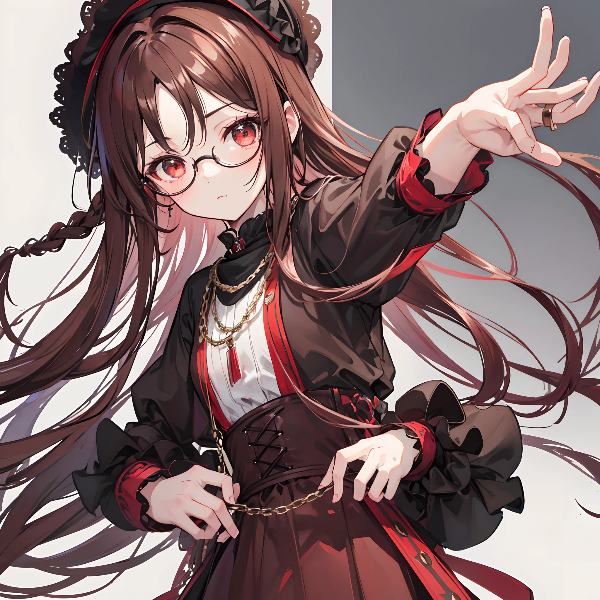 Reddish-brown braided hair，Wear thick black-framed glasses，The eyes are affectionate，Pair it with a cute black ring necklace，Brown and red Lolita clothes，The face is shiny，Super tender，is a petite and cute little sweet girl