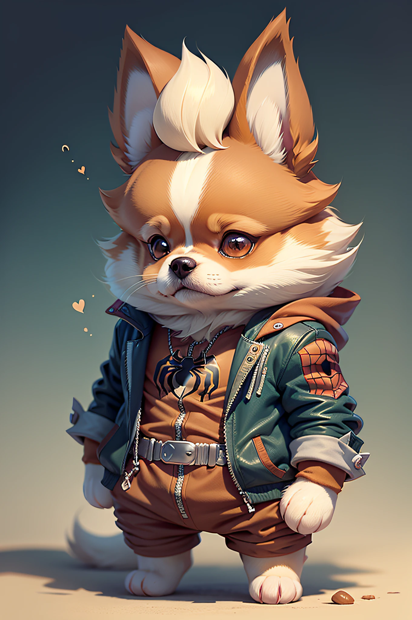 C4tt4stic,Cartoon Pomeranian dog in Spider-Man red costume（The specifics of the appearance of the Pomeranian dog、Body hair is light brown）