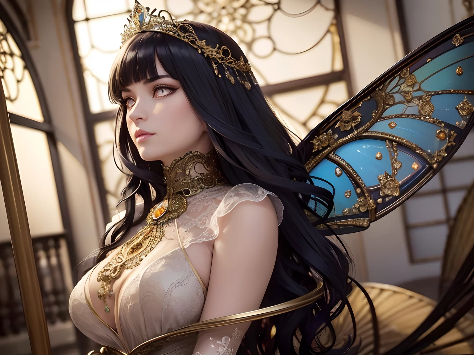 This is a realistic fantasy masterpiece with lots of shimmer, glitter, and intricate ornate detail. Generate one petite woman with a beautiful and delicate crown sitting on a garden swing at night. She is a beautiful and seductive butterfly queen with stunning curly dark blue hair, (((incredibly realistic and detailed dynamic eyes in bright colors with realistic shading))).  Her skin is translucent white, her eyes sparkle, and her dress is elegant. Her dress is spun of the finest gossamer silk with delicate, intricate, and subtle floral detailing and gold silk butterfly sleeves. Her face is lovely and lonely. Include glow-in-the-dark flowers, lots of particles, highly realistic fantasy butteflies with translucent jewel-toned wings and fine detailing, and glow. The artwork is done in the style of Guviz and brings to mind masters in the genre such as trending fantasy works on Artstation and Midjourney. Camera: Utilize dynamic composition techniques to emphasize etherealness and delicate detail,Blunt Bangs, purple eyes