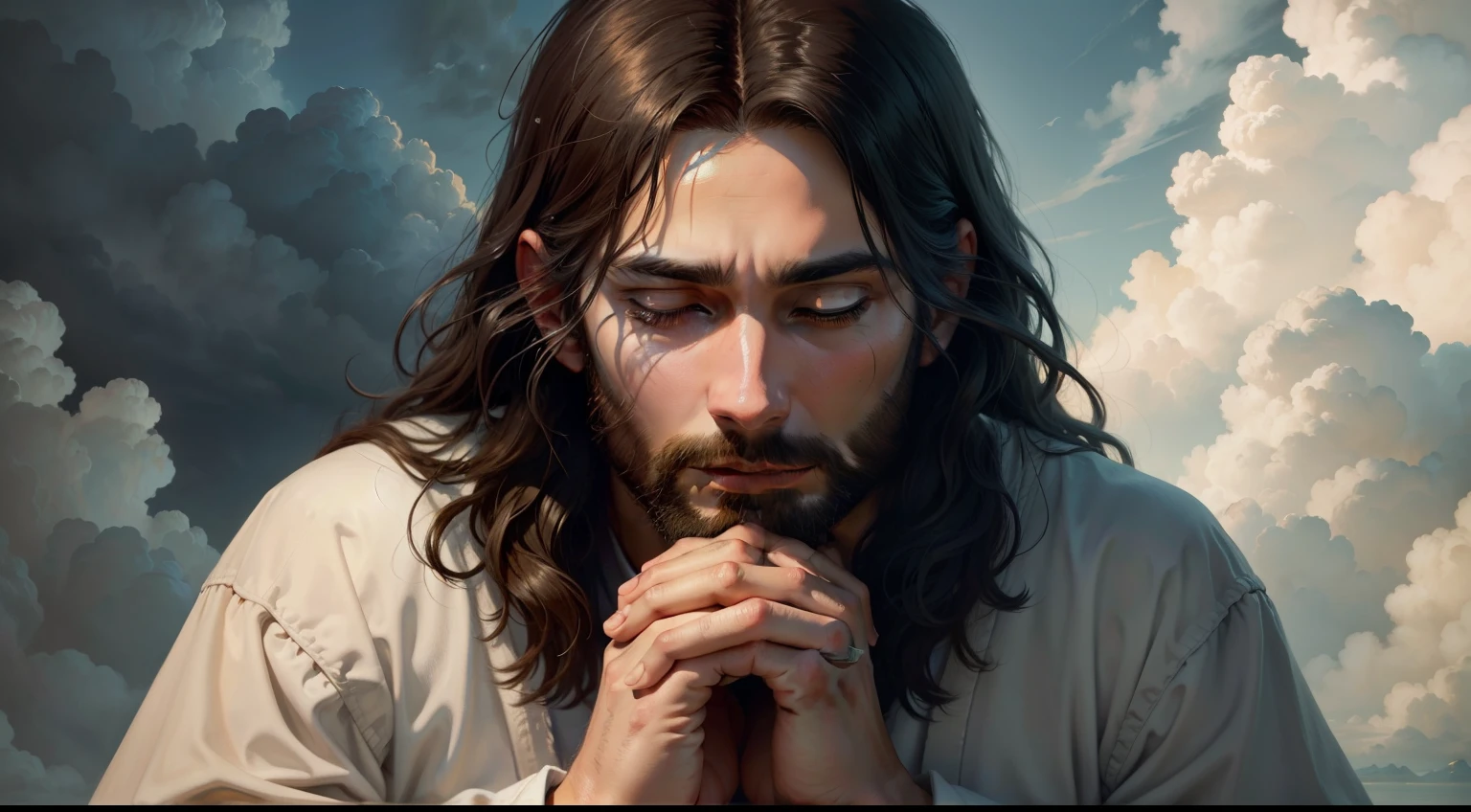 [a realistic painting of Jesus with his hands in a prayer position amid the clouds of heaven]
