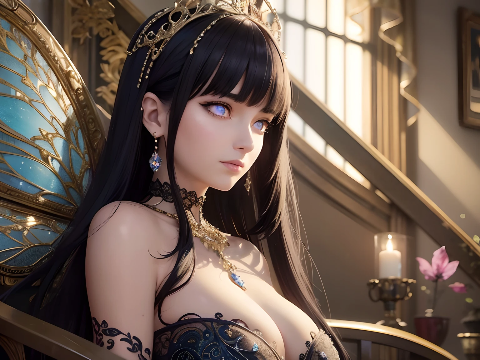 This is a realistic fantasy masterpiece with lots of shimmer, glitter, and intricate ornate detail. Generate one ite woman with a beautiful and delicate crown sitting on a garden swing at night. She is a beautiful and seductive butterfly queen with stunning curly dark blue hair, (((incredibly realistic and detailed dynamic eyes in bright colors with realistic shading))).  Her skin is translucent white, her eyes sparkle, and her dress is elegant. Her dress is spun of the finest gossamer silk with delicate, intricate, and subtle floral detailing and gold silk butterfly sleeves. Her face is lovely and lonely. Include glow-in-the-dark flowers, lots of particles, highly realistic fantasy butteflies with translucent jewel-toned wings and fine detailing, and glow. The artwork is done in the style of Guviz and brings to mind masters in the genre such as trending fantasy works on Artstation and Midjourney. Camera: Utilize dynamic composition techniques to emphasize etherealness and delicate detail,Blunt Bangs, purple eyes