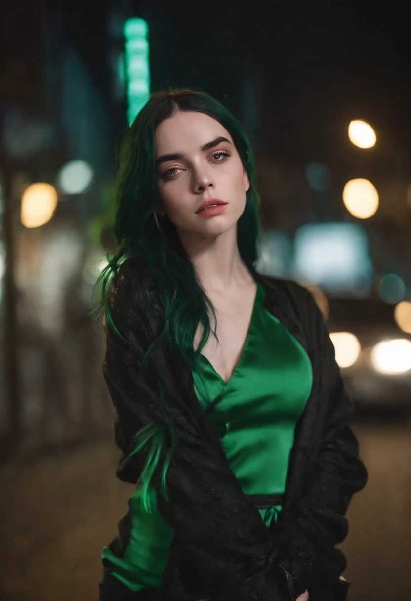 Beautiful girl looks like Billie Eilish, sexy Figur, sexy Pose, Hot clothes, green and black hair, beauty face, walking through a city by night