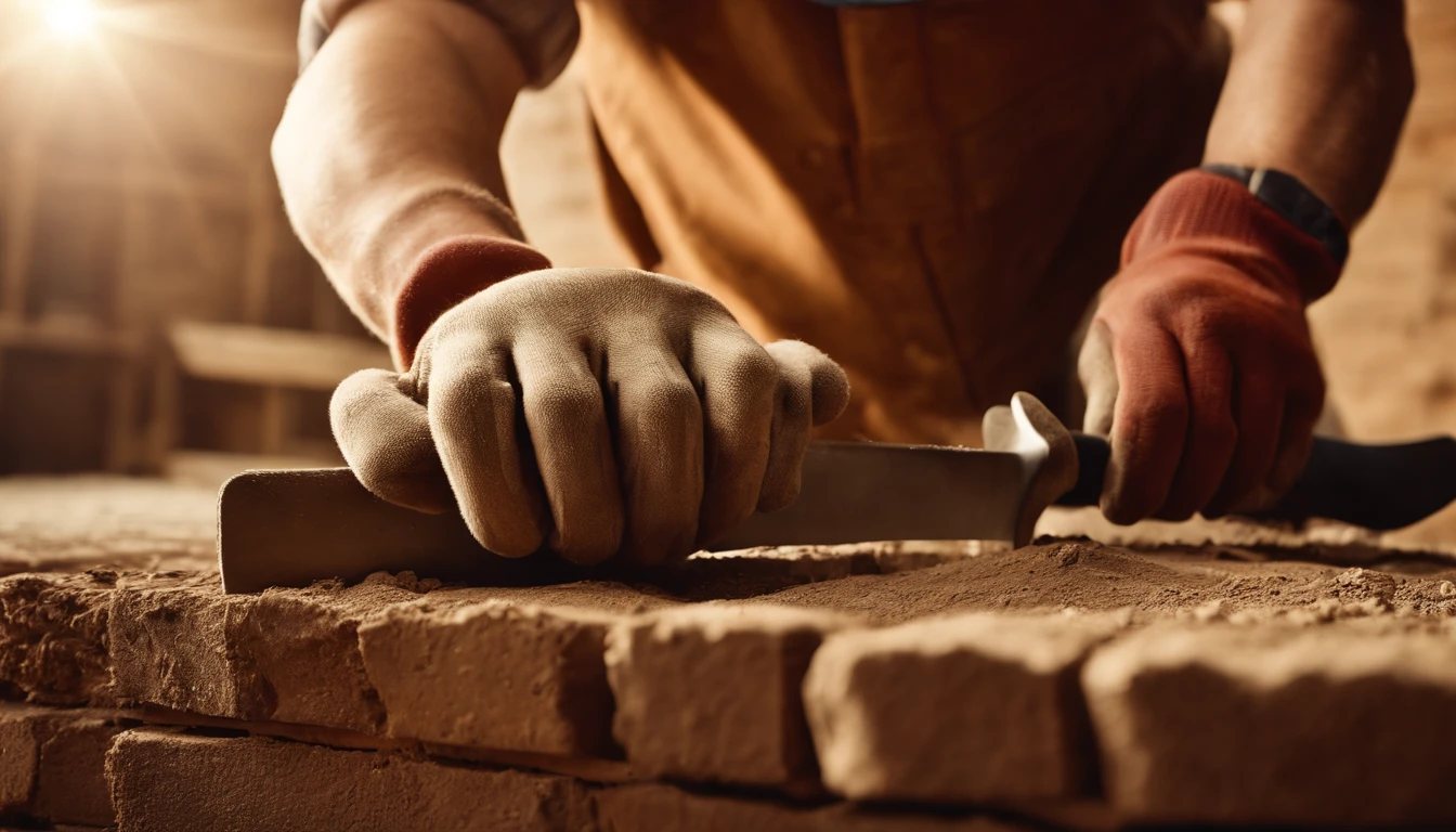 (best quality,4k,8k,highres,masterpiece:1.2),ultra-detailed,(realistic,photorealistic,photo-realistic:1.37),closeup,bricklayer hands,laying,brick wall,house construction,rough hands,strength,precision,experienced,hands with gloves,dirt on hands,brick dust,focused,horizontal bricks,vertical bricks,red bricks,dry cement,cement trowel,mortar mix,important craftsmanship,building process,construction site,concentration,safety glasses,blueprints,hard hat,working diligently,hardworking laborer,industrial environment,vivid colors,professional,studio lighting,sunlight streaming in,warm tones,dynamic shadows,authenticity