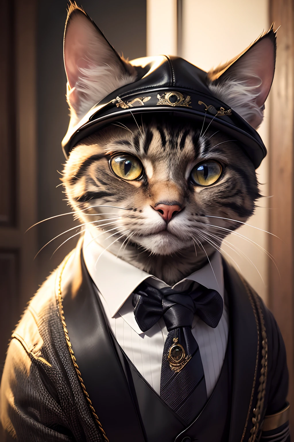 A cat wearing a gangster outfit,masterpiece:1.2,ultra-detailed,realistic,sharp focus,HDR,vivid colors,portraits --auto