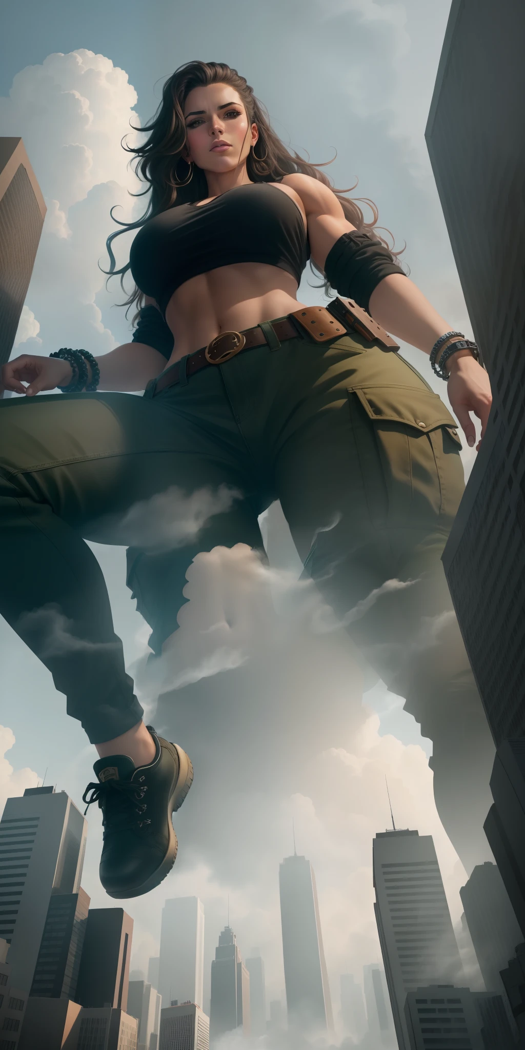 "A towering Giantess in a cool and laid-back hippie style is rocking a crop top and cargo pants. Her toned and athletic build hints at her massive strength. She seems to be casually strolling through the bustling cityscape of GTS City, as towering buildings loom overhead. Smoke and clouds roil around her, adding to the sense of epic scale and drama. The lighting is dark, gloomy, and realistic, creating a tense and ominous atmosphere. The perspective is from below, emphasizing the sheer majesty and power of the Giantess."